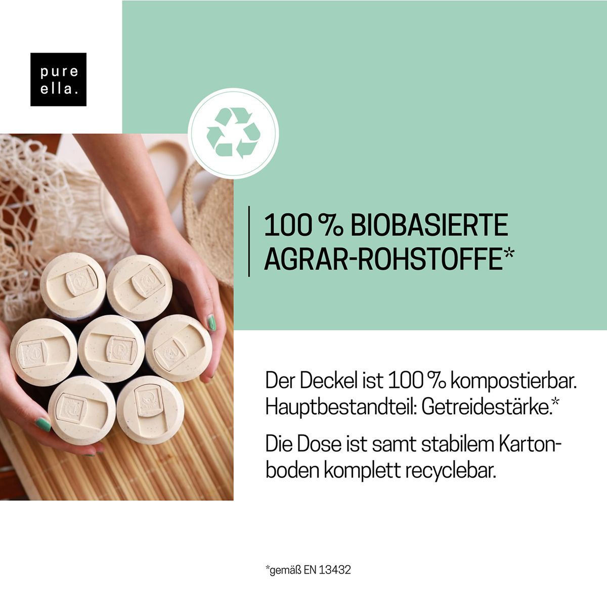 Hände halten Deckel von Dosen. Text: 100% biobasierte Agrar-Rohstoffe. Deckel kompostierbar. Dose recycelbar.