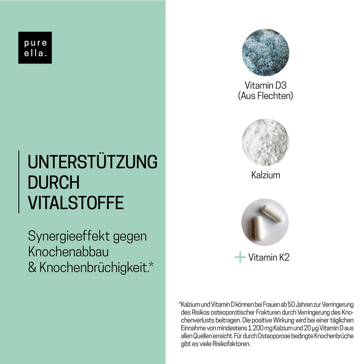 Text: Unterstützung durch Vitalstoffe. Wirkung gegen Knochenabbau & -brüchigkeit. Abgebildet: Vitamin D3, Kalzium, Vitamin K2.