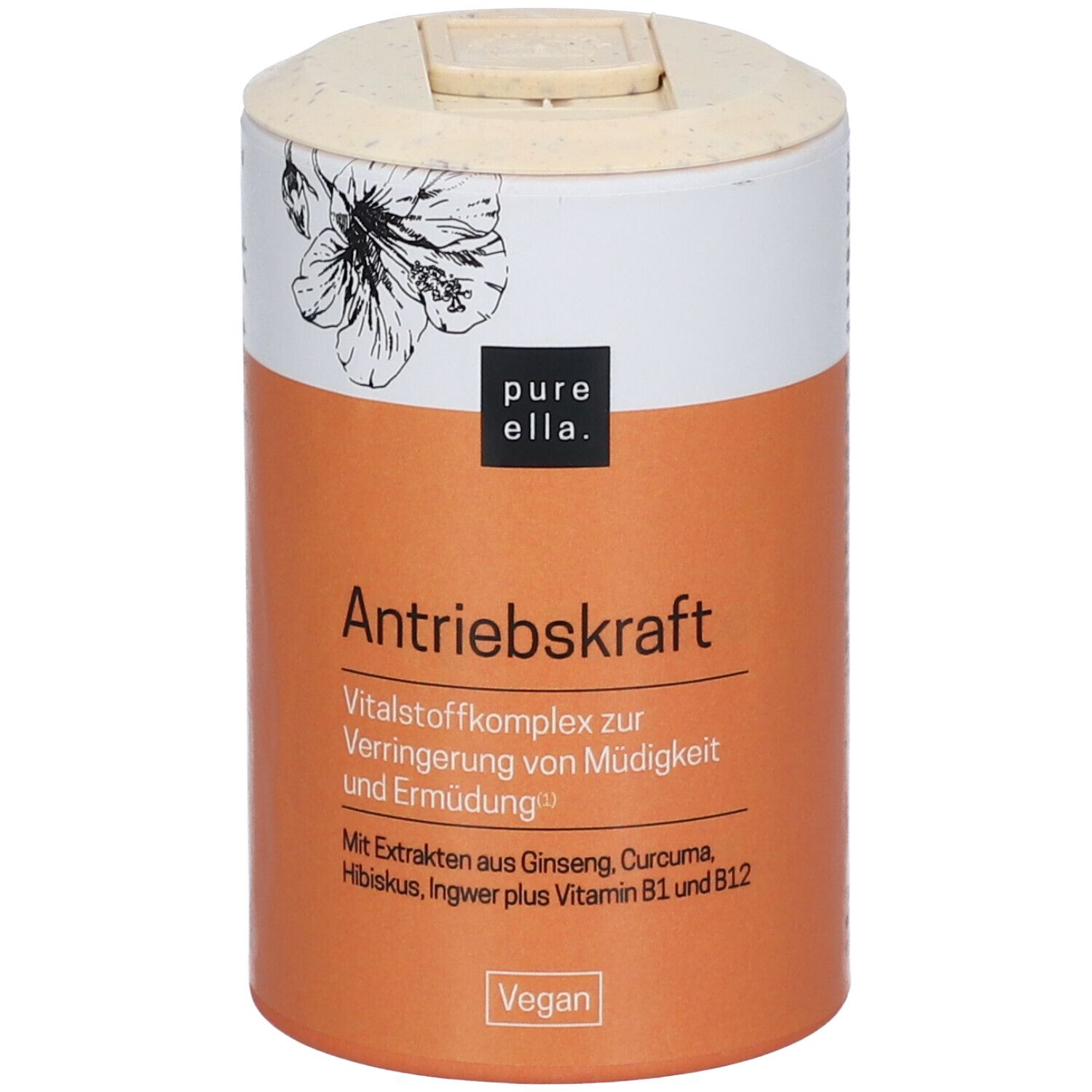 Zylindrische Dose mit Deckel. Aufschrift: Antriebskraft. Vegan-Siegel. Produktname: pure ella.