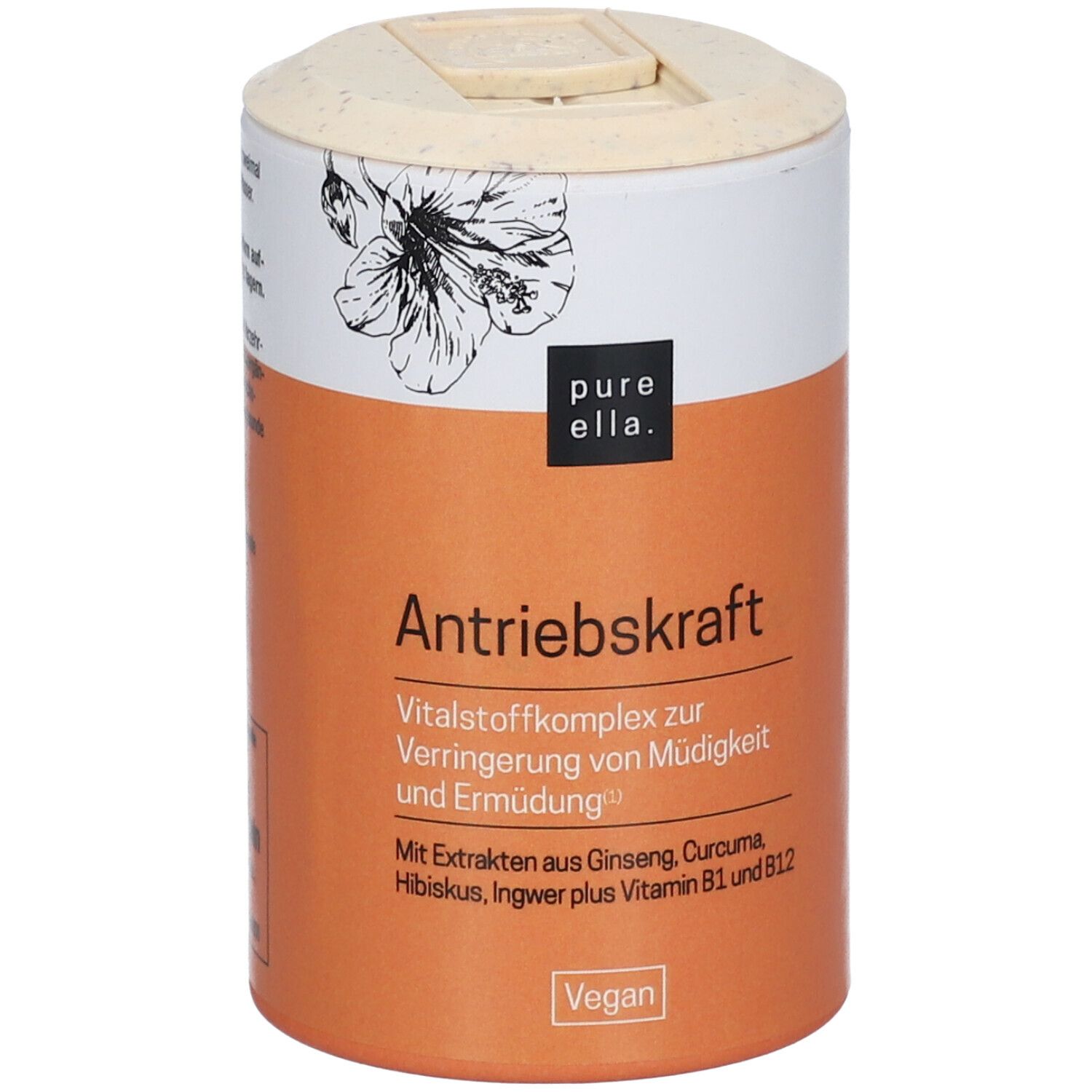 Zylindrische Dose mit Deckel. Aufschrift: Antriebskraft. Vegan-Siegel. Produktname: pure ella.