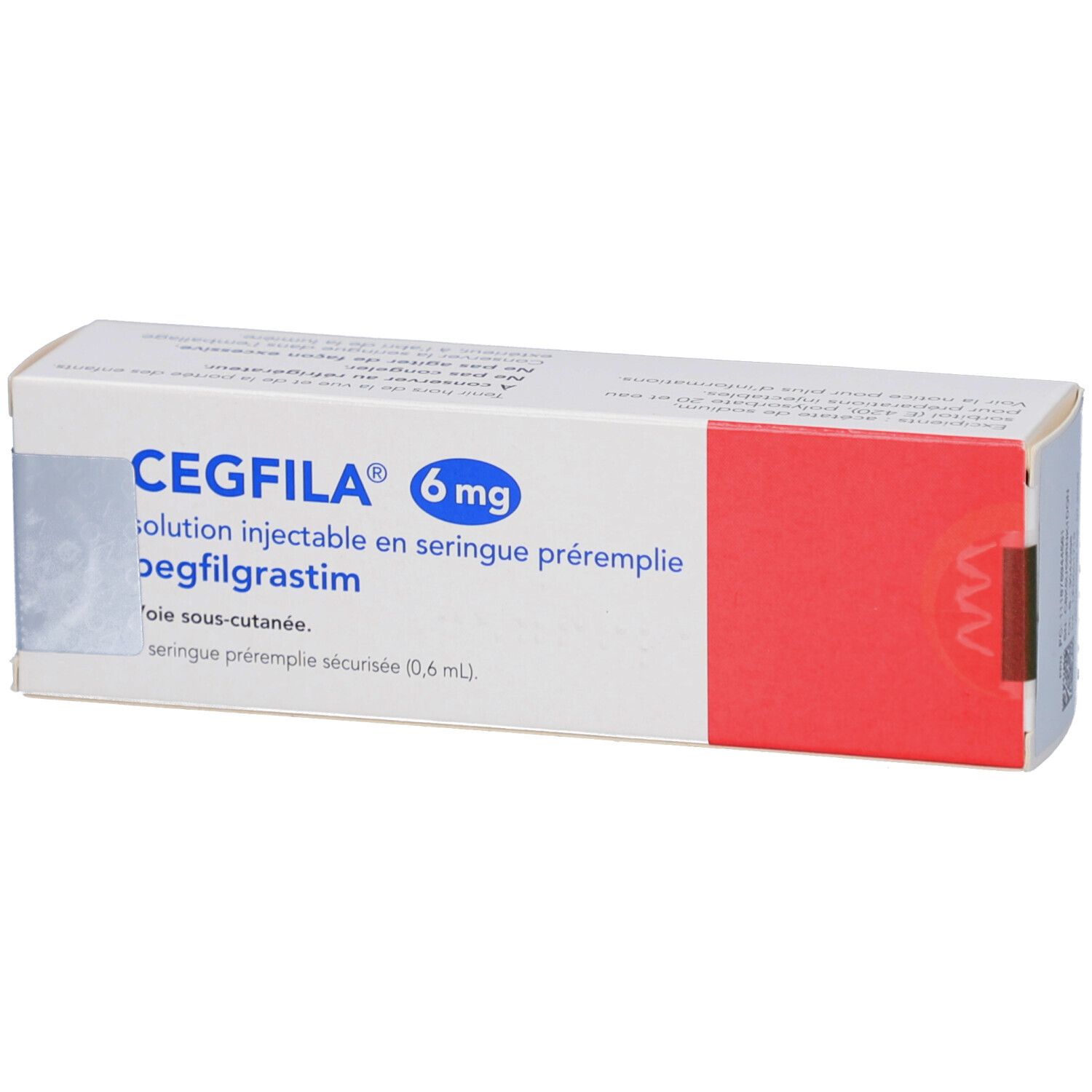 Karton CEGFILA 6 mg Injektionslösung. Weiß mit rotem Akzent. Produktname und Dosierung deutlich sichtbar.