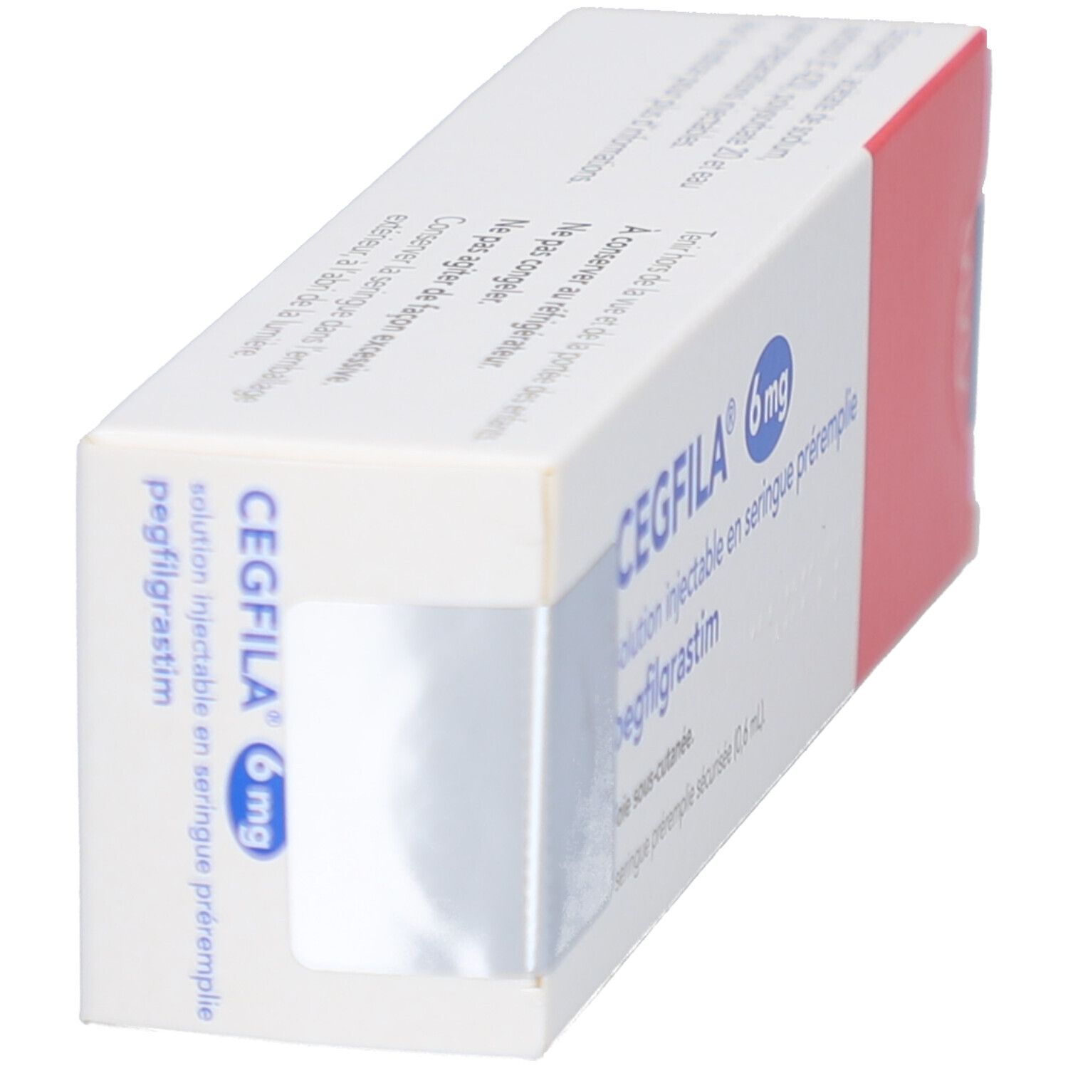 Schrägansicht der CEGFILA 6 mg Verpackung. Weiß mit rotem Akzent. Produktname und Dosierung sichtbar.