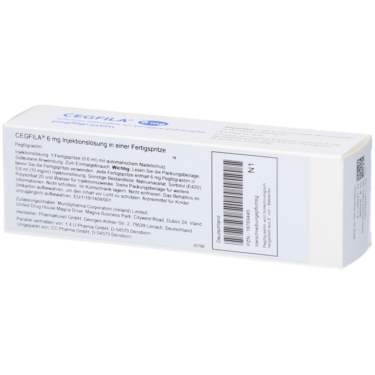 Rückseite der CEGFILA 6 mg Verpackung. Text und Barcode. Produktname und Dosierung sind ebenfalls sichtbar.