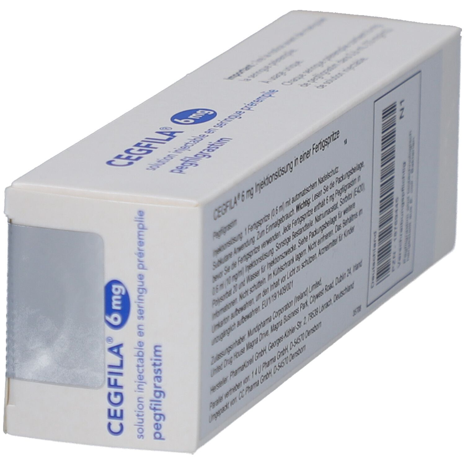 Schrägansicht der CEGFILA 6 mg Verpackung. Produktname und Dosierung deutlich sichtbar. Weiß mit rotem Akzent.