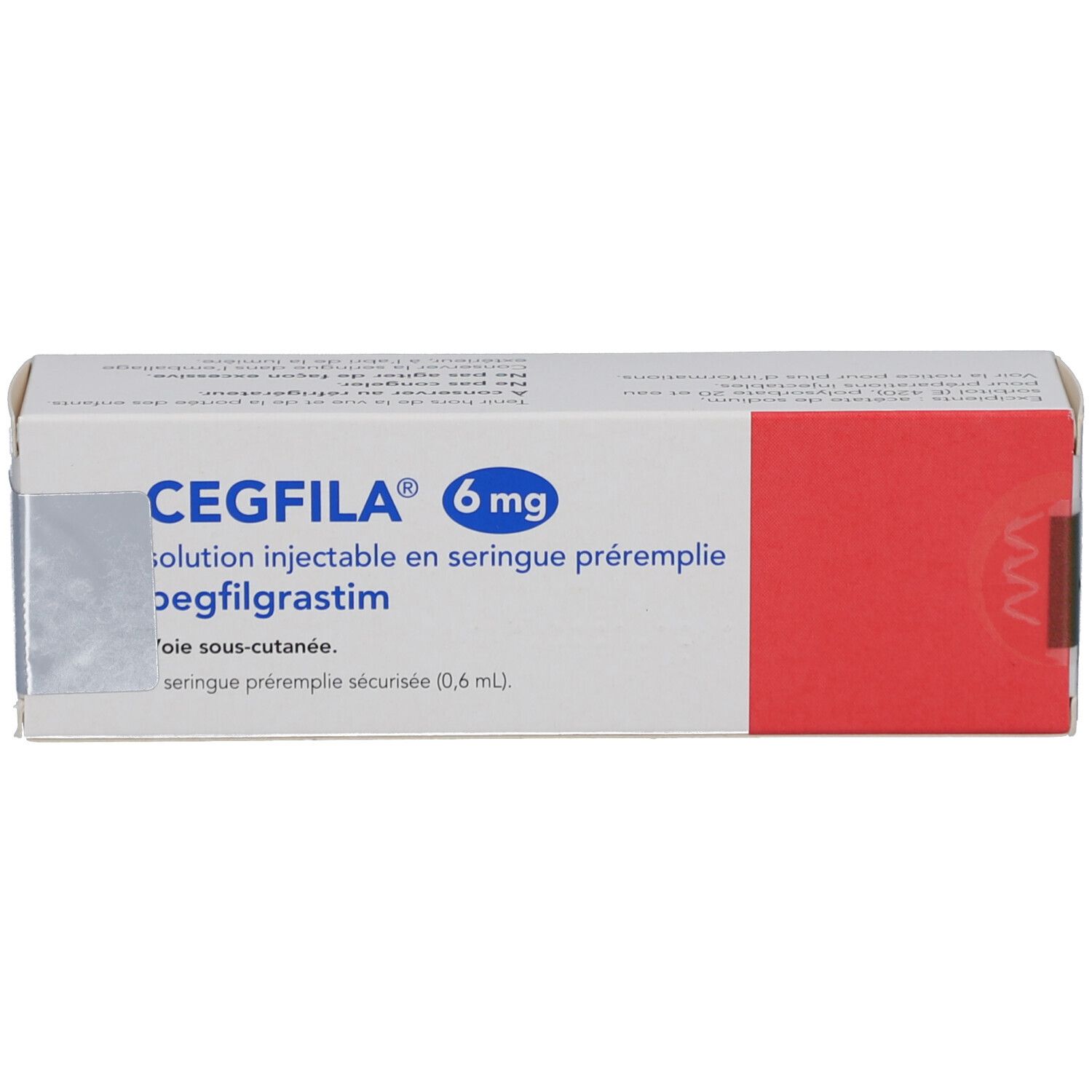Karton CEGFILA 6 mg Injektionslösung. Weiß mit rotem Akzent. Produktname und Dosierung deutlich sichtbar.