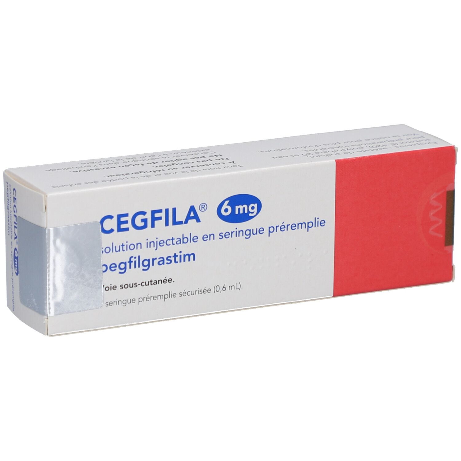 Karton CEGFILA 6 mg Injektionslösung. Weiß mit rotem Akzent. Produktname und Dosierung deutlich sichtbar.