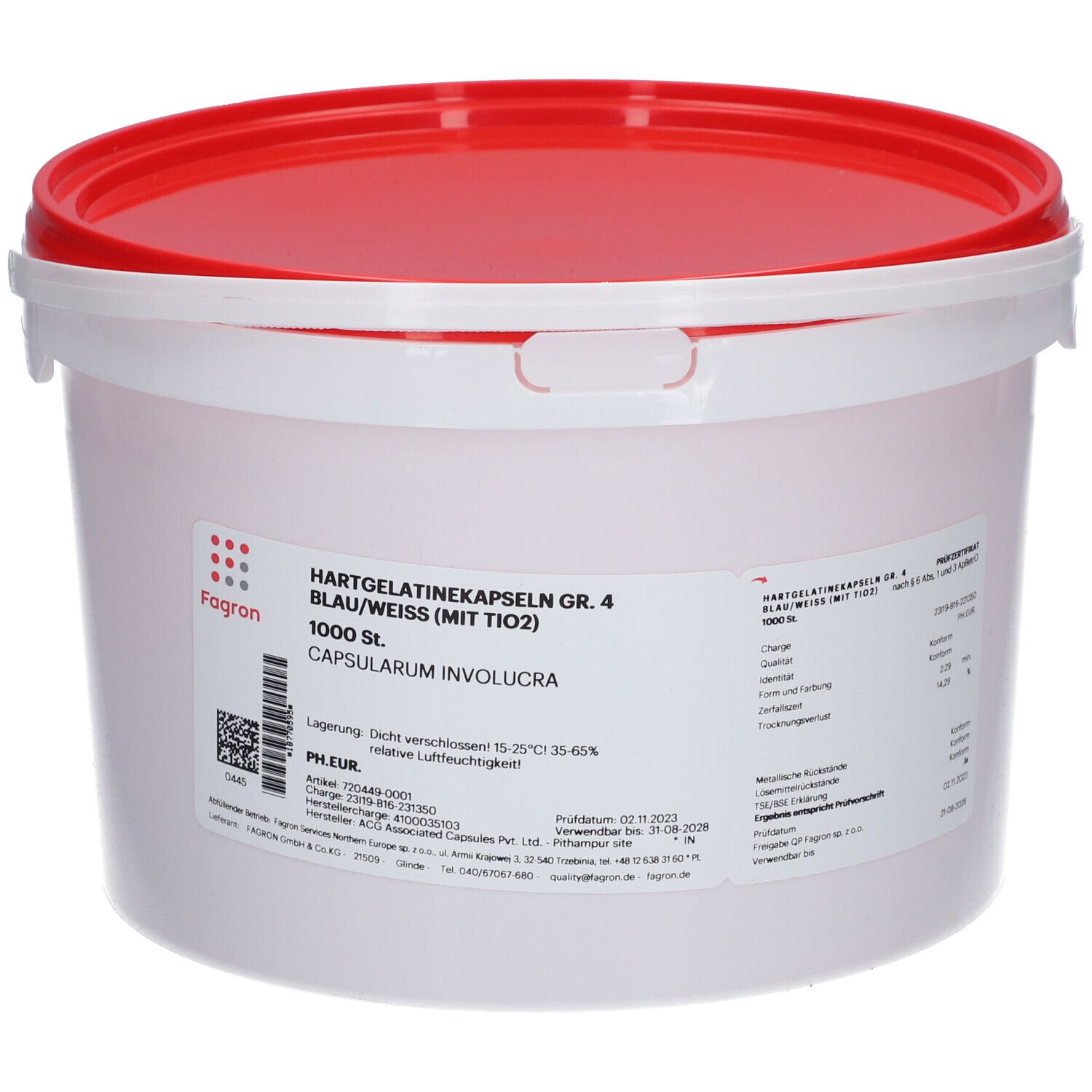 Weißer Eimer mit rotem Deckel. Aufkleber mit Produktbezeichnung: Hartgelatinekapseln Gr. 4 blau/weiß. 1000 Stück.
