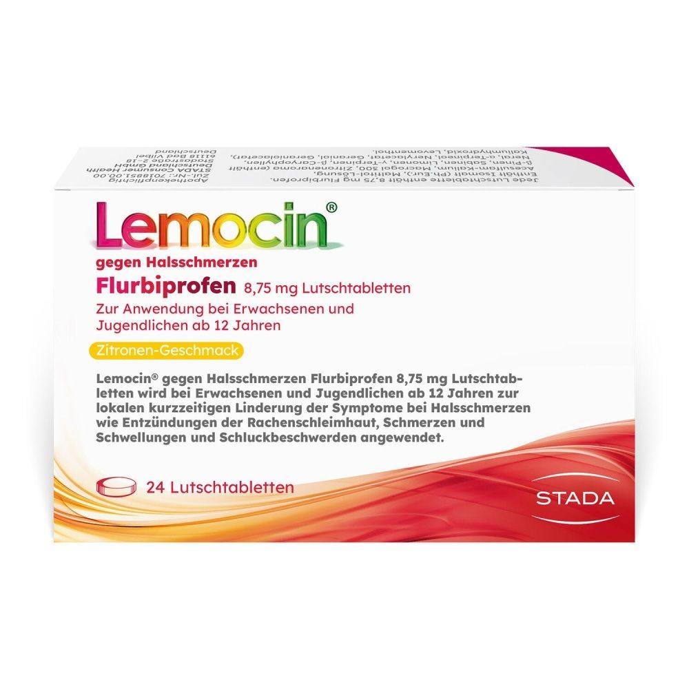 Lemocin gegen Halsschmerzen Flurbiprofen 8,75 mg Lutschtabletten, Zitronen-Geschmack, 24 Stück.