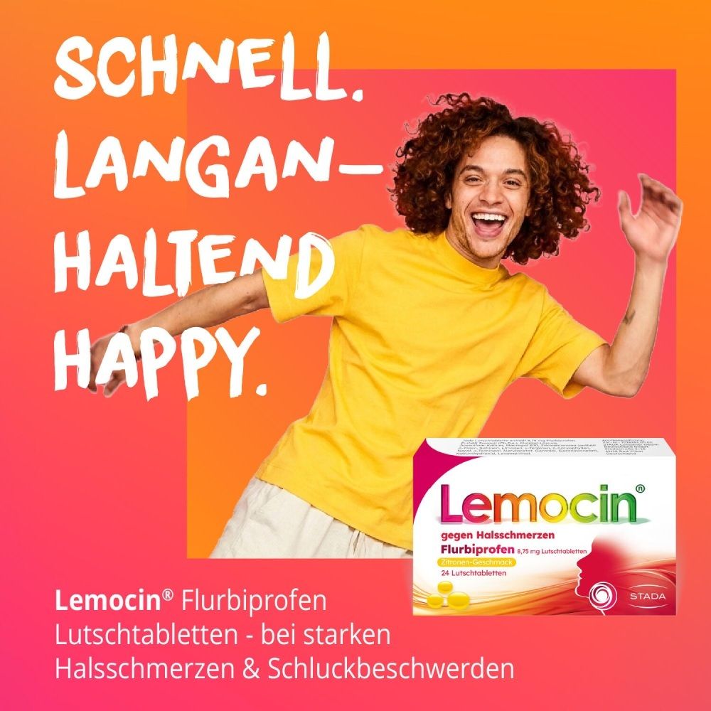 Lemocin Flurbiprofen Lutschtabletten gegen starke Halsschmerzen & Schluckbeschwerden.