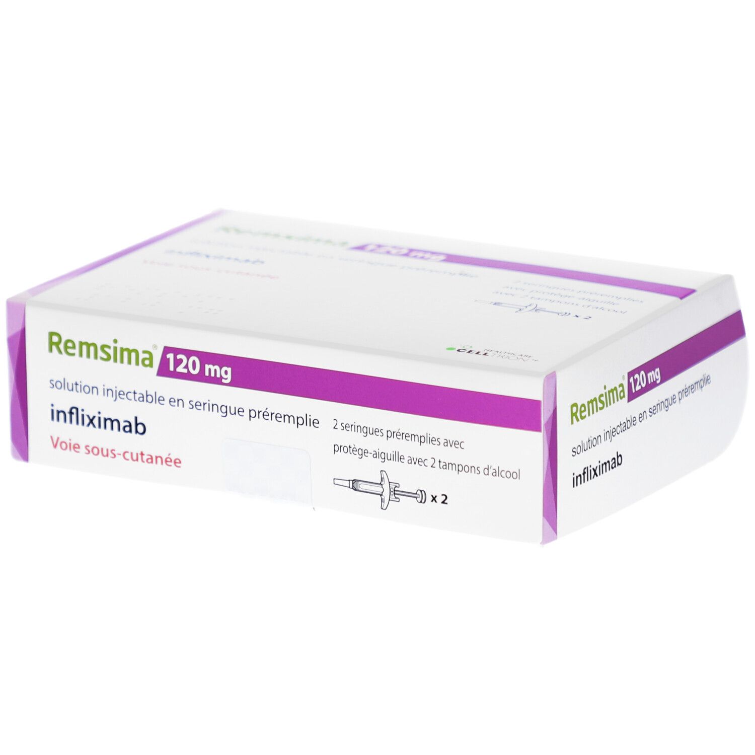 Verpackung von REMSIMA 120 mg Injektionslösung. Weiß mit lila Akzenten. Text: Infliximab, Fertigspritze, 2 Spritzen, Alkoholtupfer.