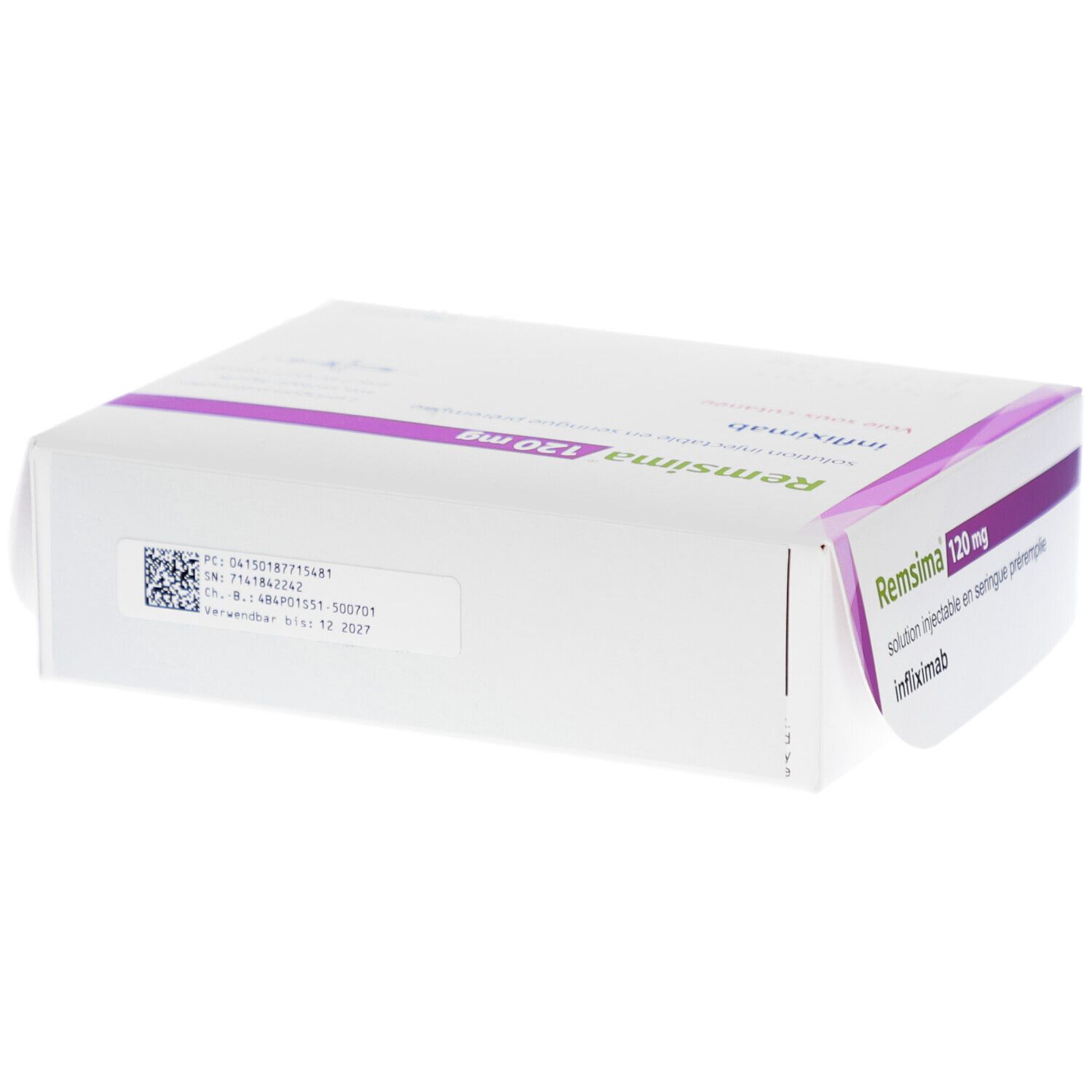 Verpackung von REMSIMA 120 mg. Weiß mit lila Akzenten. Rückseite mit Barcode und Chargennummer.