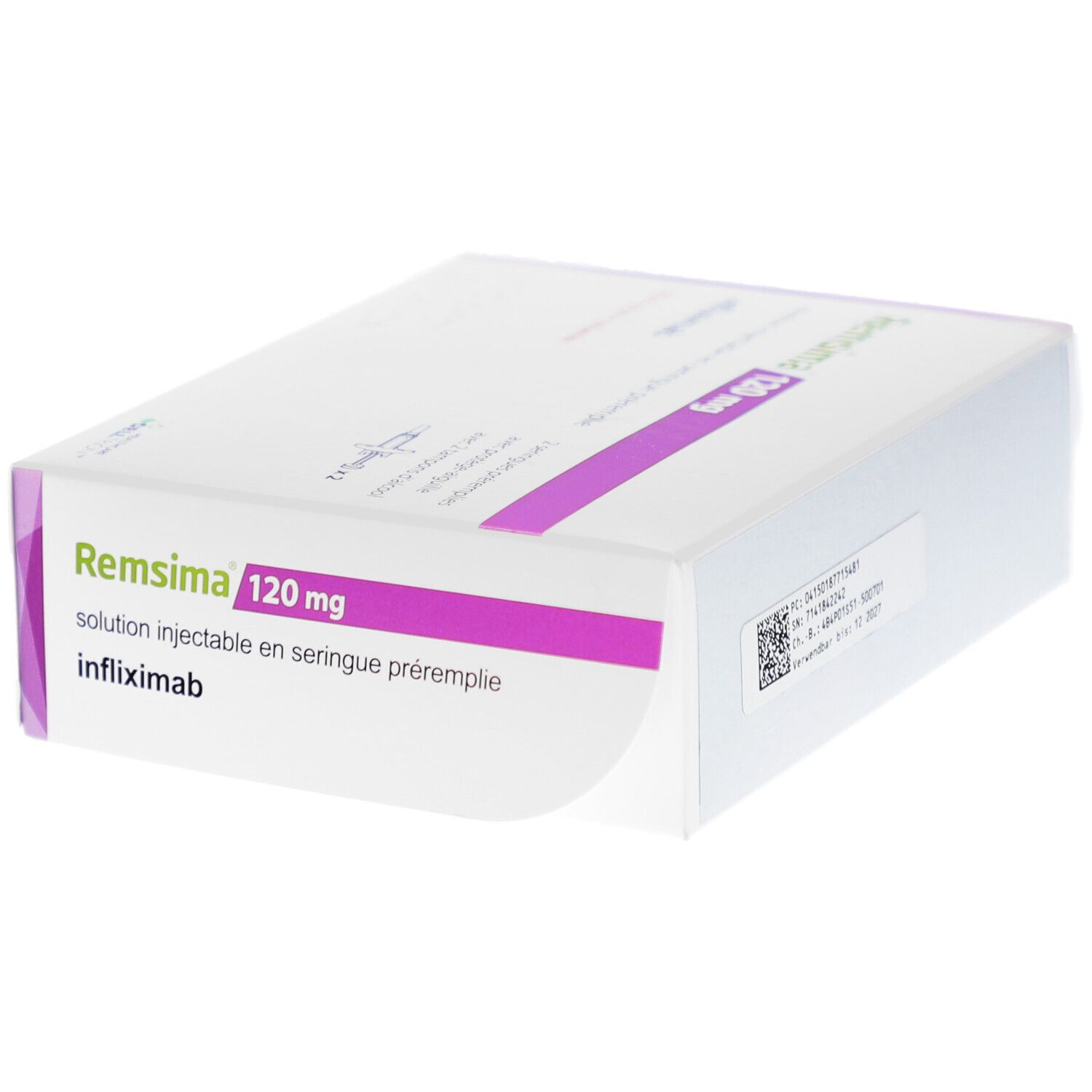Verpackung von REMSIMA 120 mg. Weiß mit lila Akzenten. Text: Infliximab, Fertigspritze, Lösung zur Injektion.