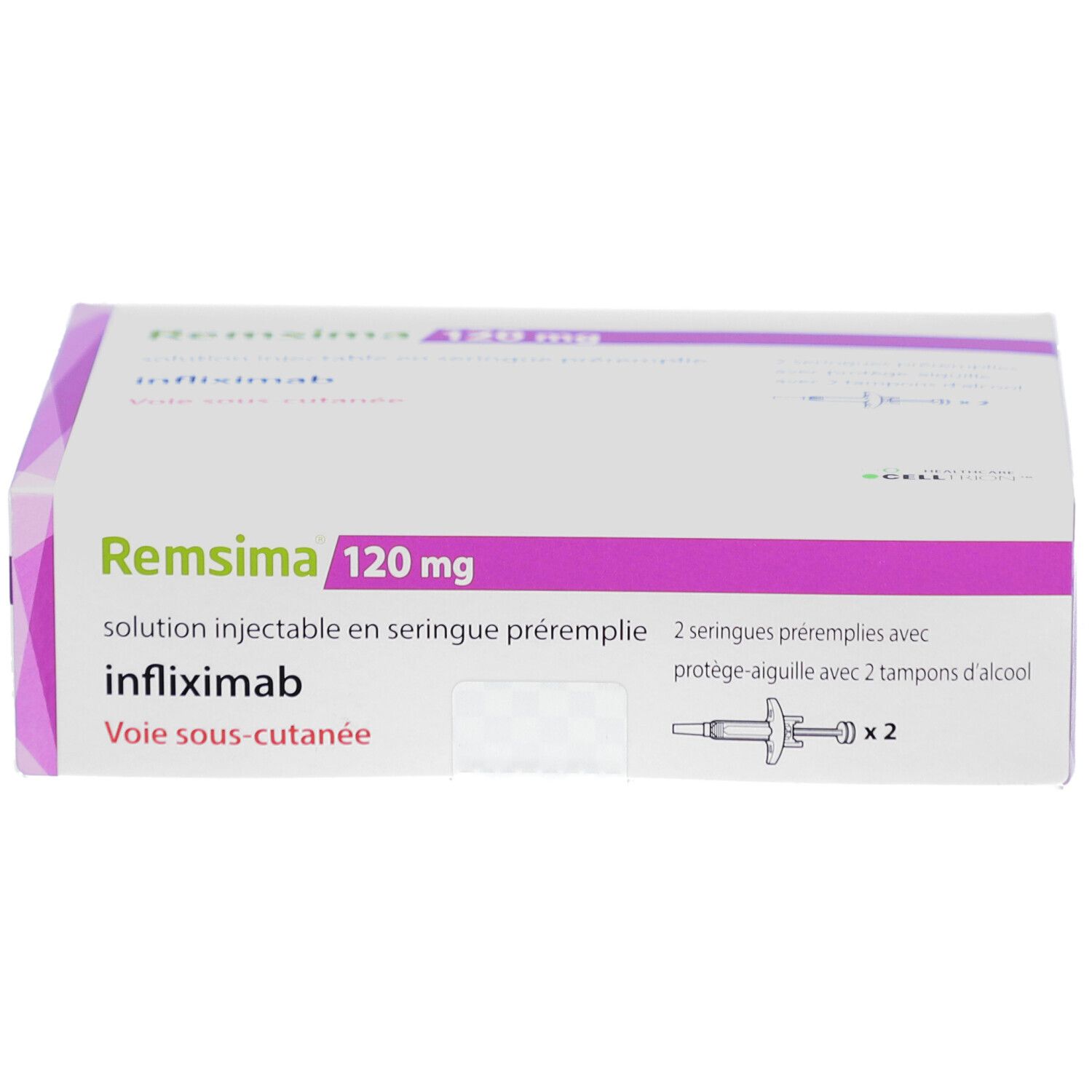 Verpackung von REMSIMA 120 mg. Weiß mit lila Akzenten. 2 Fertigspritzen mit Alkoholtupfern abgebildet.
