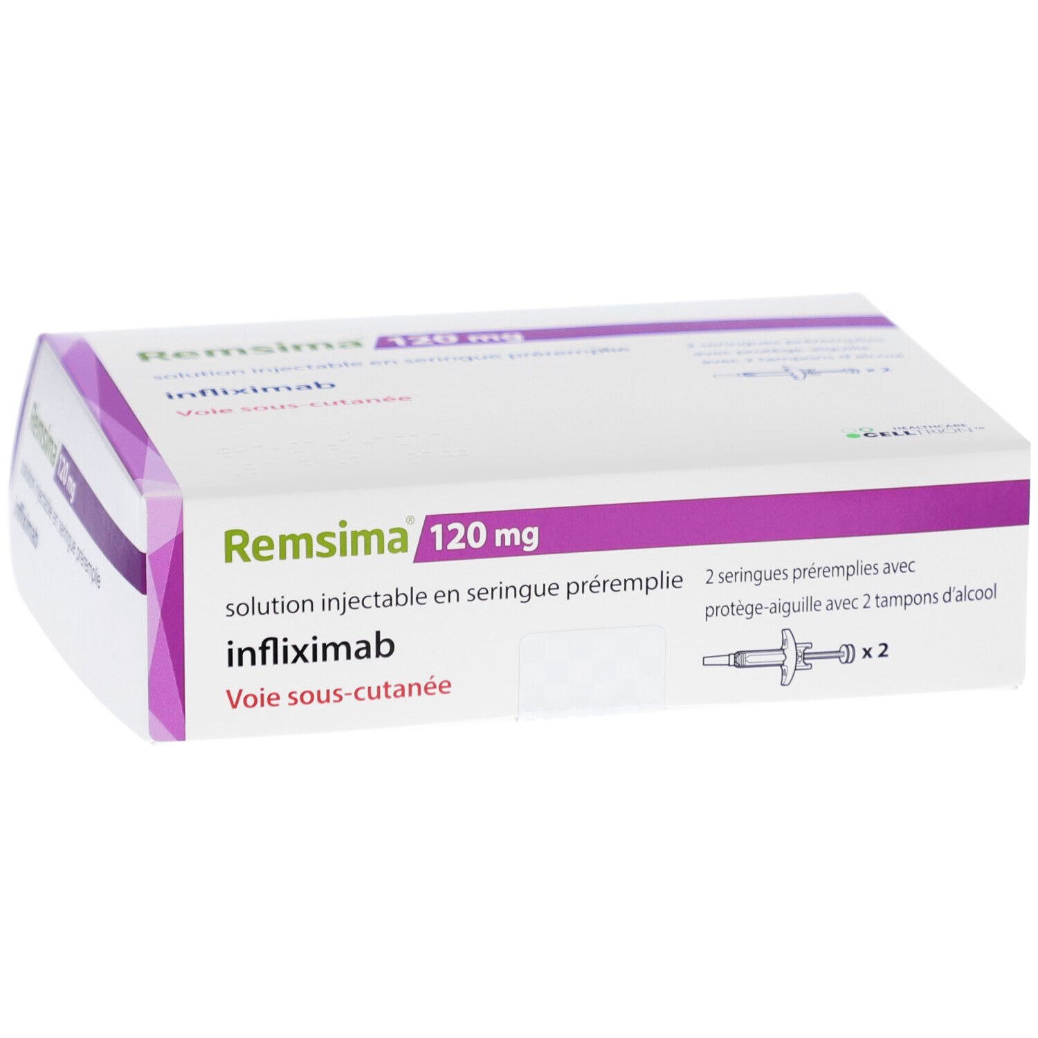 Verpackung von REMSIMA 120 mg. Weiß mit lila Akzenten. 2 Fertigspritzen mit Alkoholtupfern abgebildet.