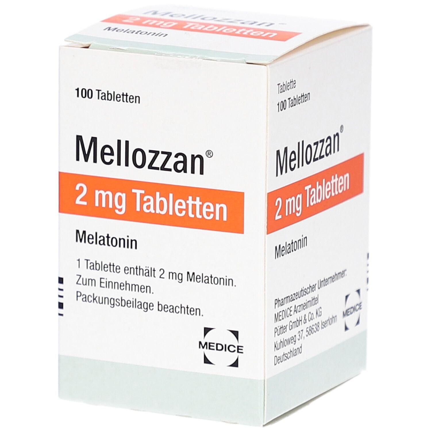 Schachtel mit MELLOZZAN 2 mg Tabletten. Aufschrift: 100 Tabletten, Melatonin. Orangefarbener Streifen mit Produktbezeichnung.
