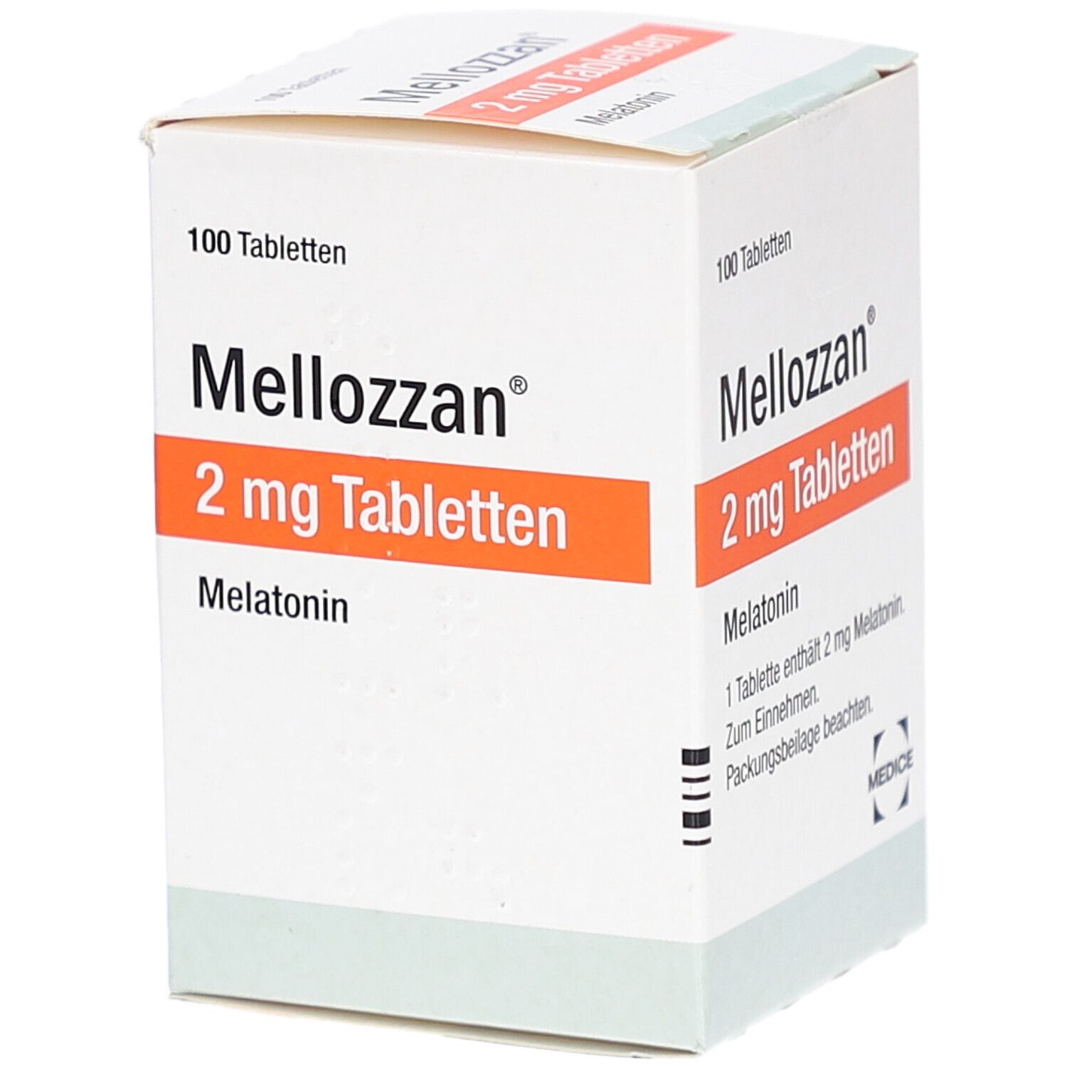 Schachtel mit MELLOZZAN 2 mg Tabletten. Aufschrift: 100 Tabletten, Melatonin. Orangefarbener Streifen mit Produktbezeichnung.