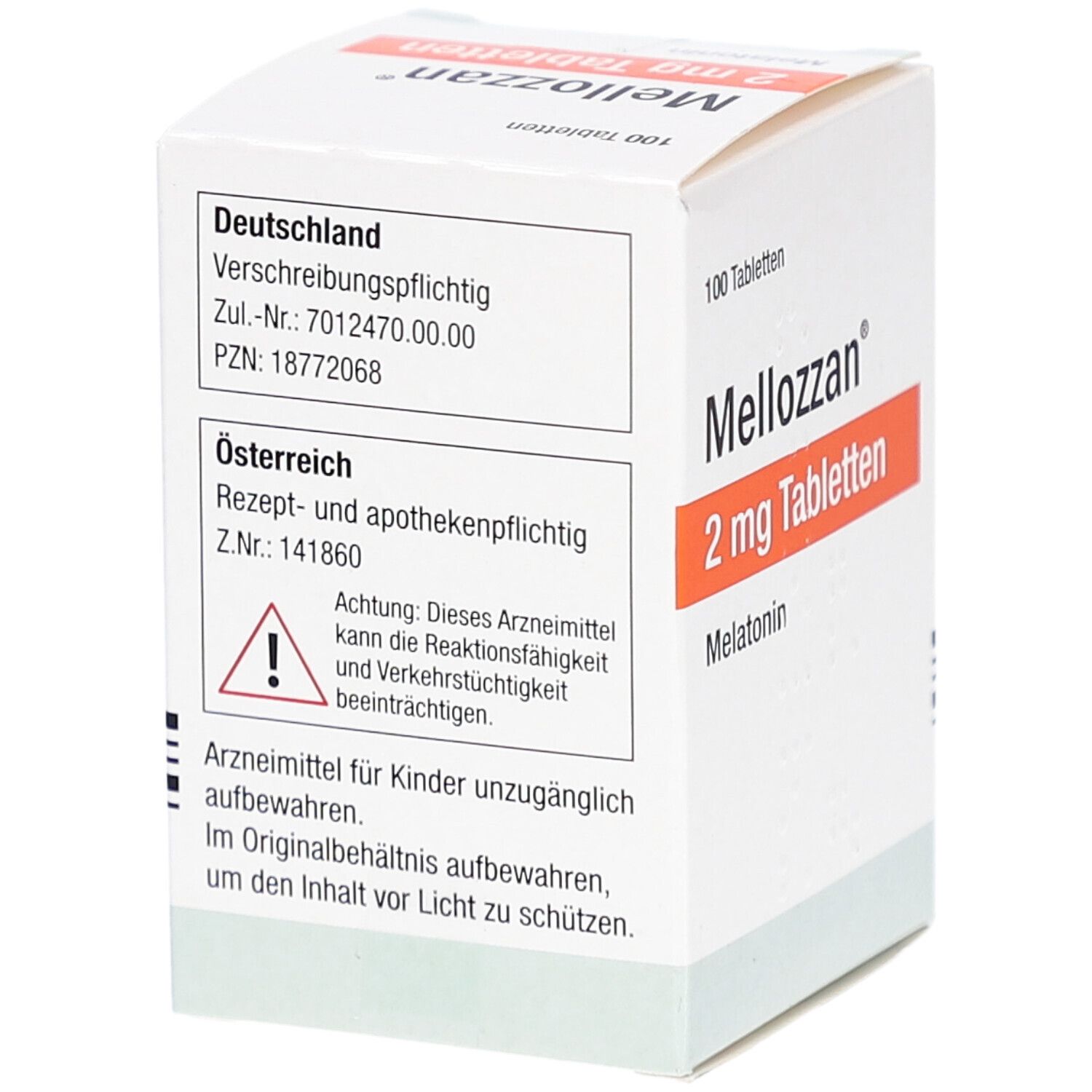 Schachtel mit MELLOZZAN 2 mg Tabletten. Aufschrift: 100 Tabletten, Melatonin. Warnhinweis. Orangefarbener Streifen mit Produktbezeichnung.