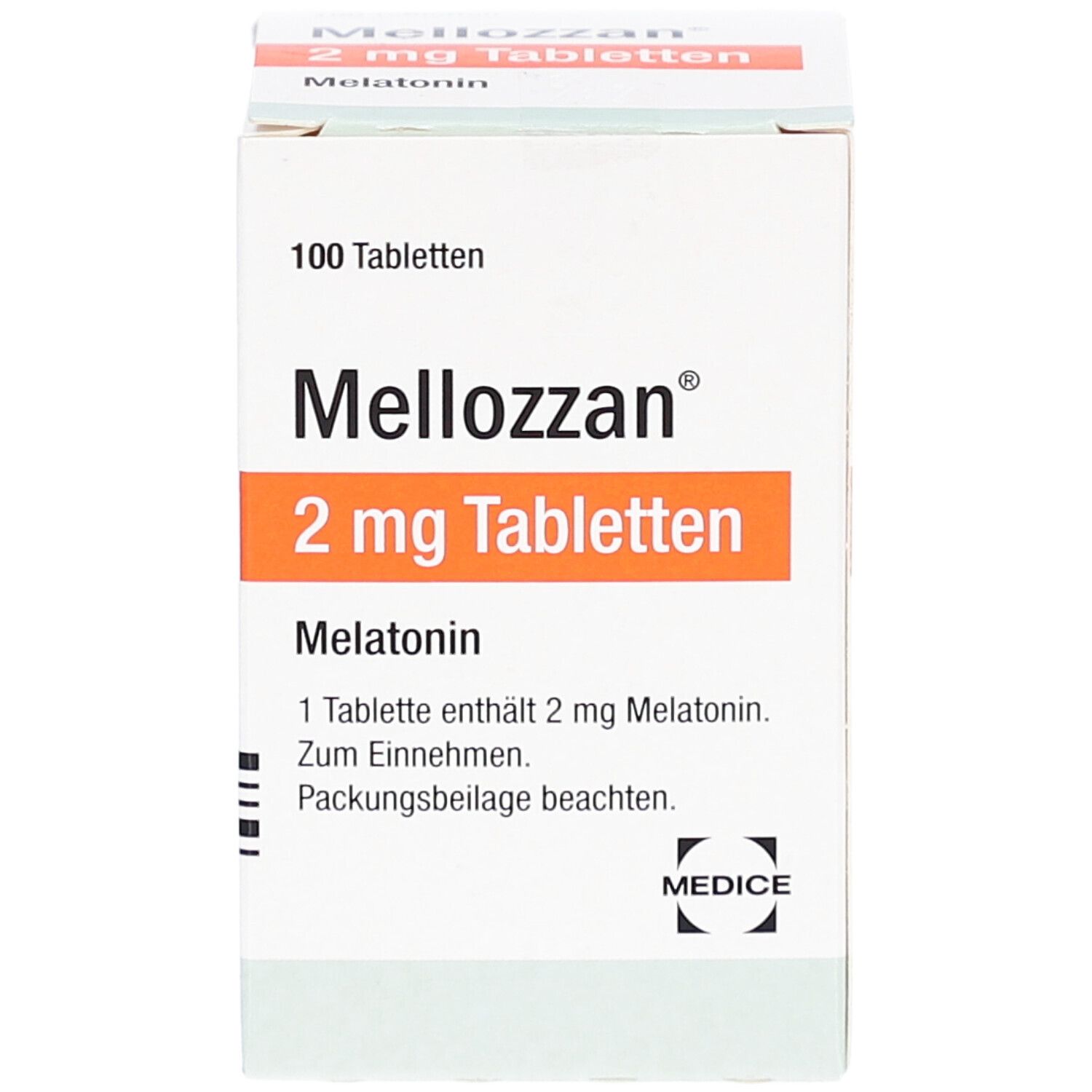 Schachtel mit MELLOZZAN 2 mg Tabletten. Aufschrift: 100 Tabletten, Melatonin. Orangefarbener Streifen mit Produktbezeichnung.