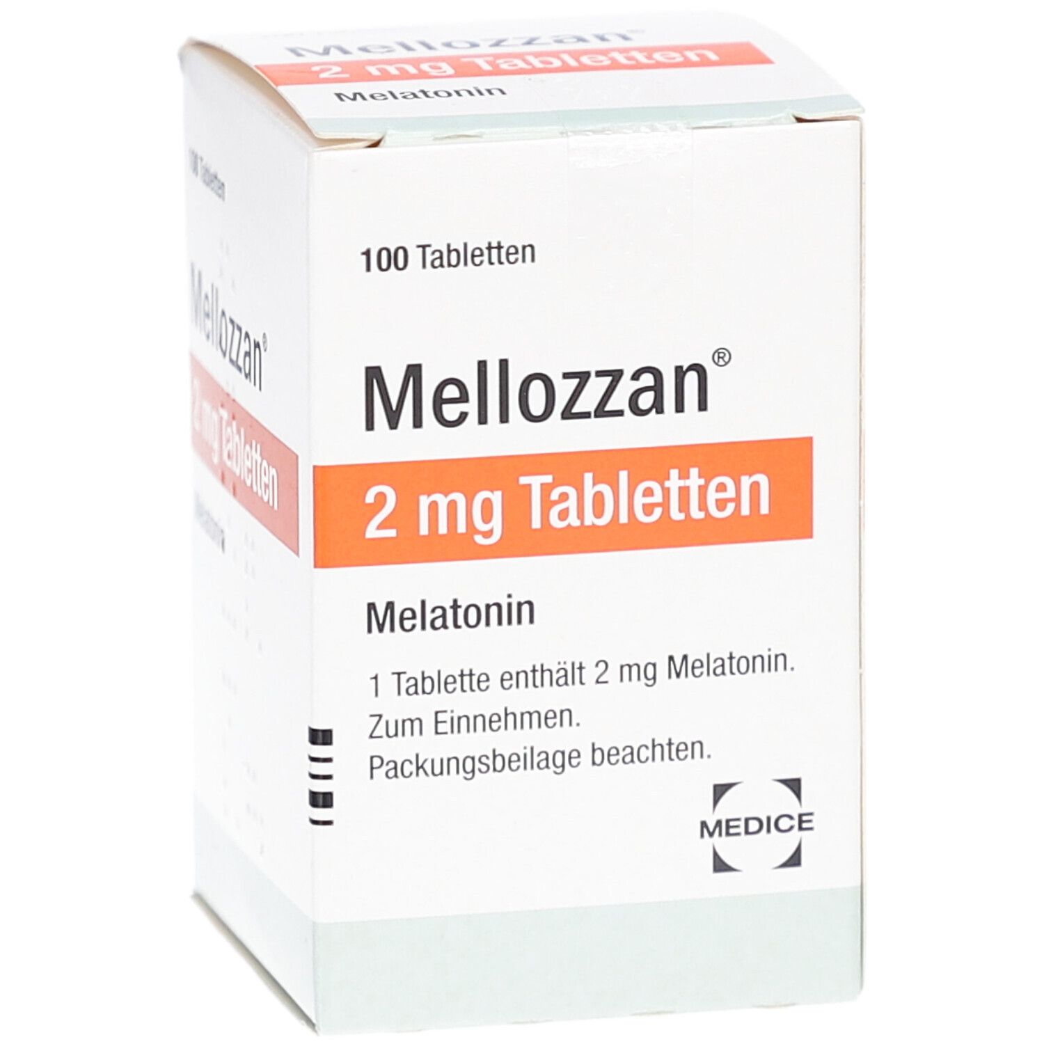 Schachtel mit MELLOZZAN 2 mg Tabletten. Aufschrift: 100 Tabletten, Melatonin. Orangefarbener Streifen mit Produktbezeichnung.