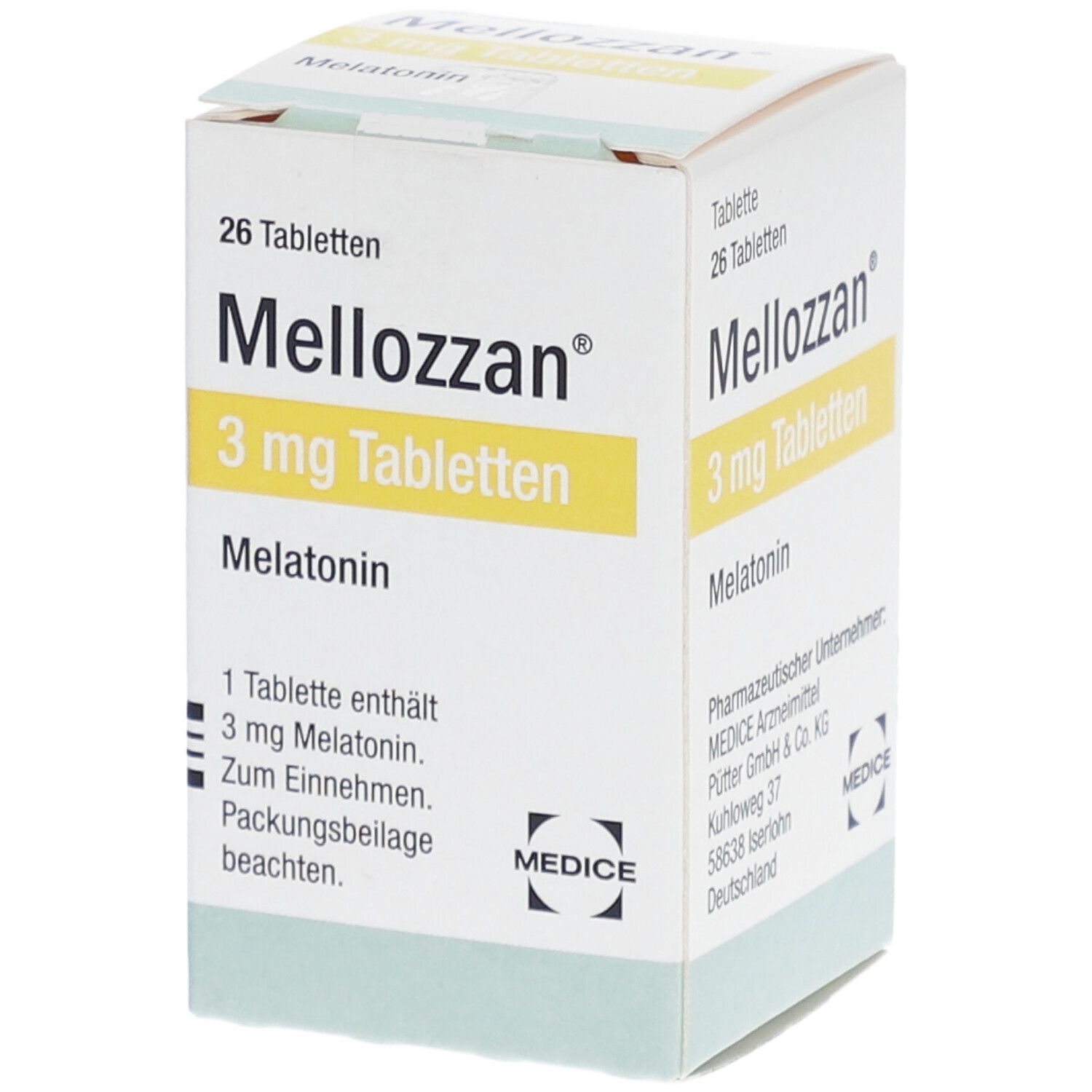 Schachtel mit "Mellozzan 3 mg Tabletten". Enthält 26 Tabletten. Aufdrucke: Melatonin, 3 mg, MEDICE.
