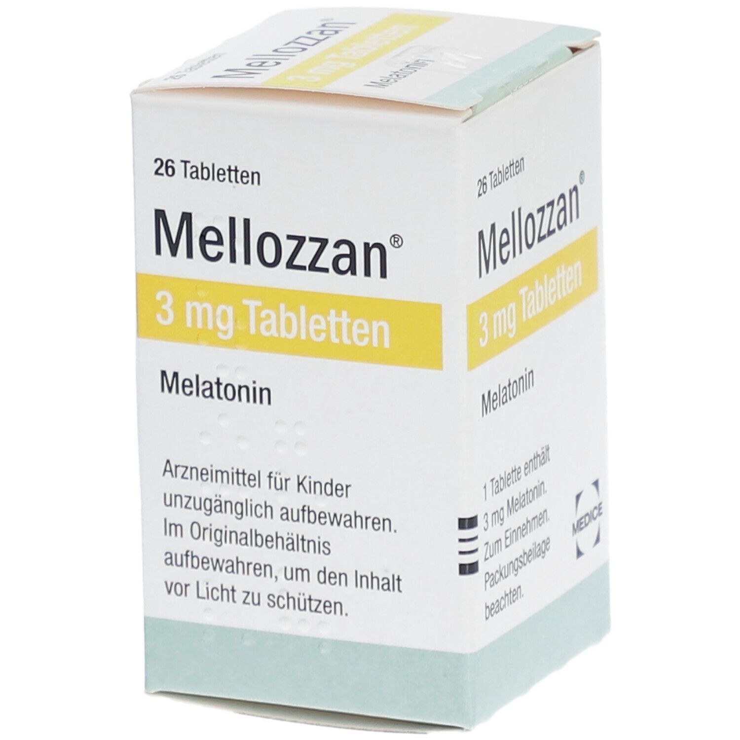Schachtel "Mellozzan 3 mg Tabletten". Enthält 26 Tabletten. Aufdrucke: Melatonin, 3 mg. Warnhinweis: Für Kinder unzugänglich aufbewahren.