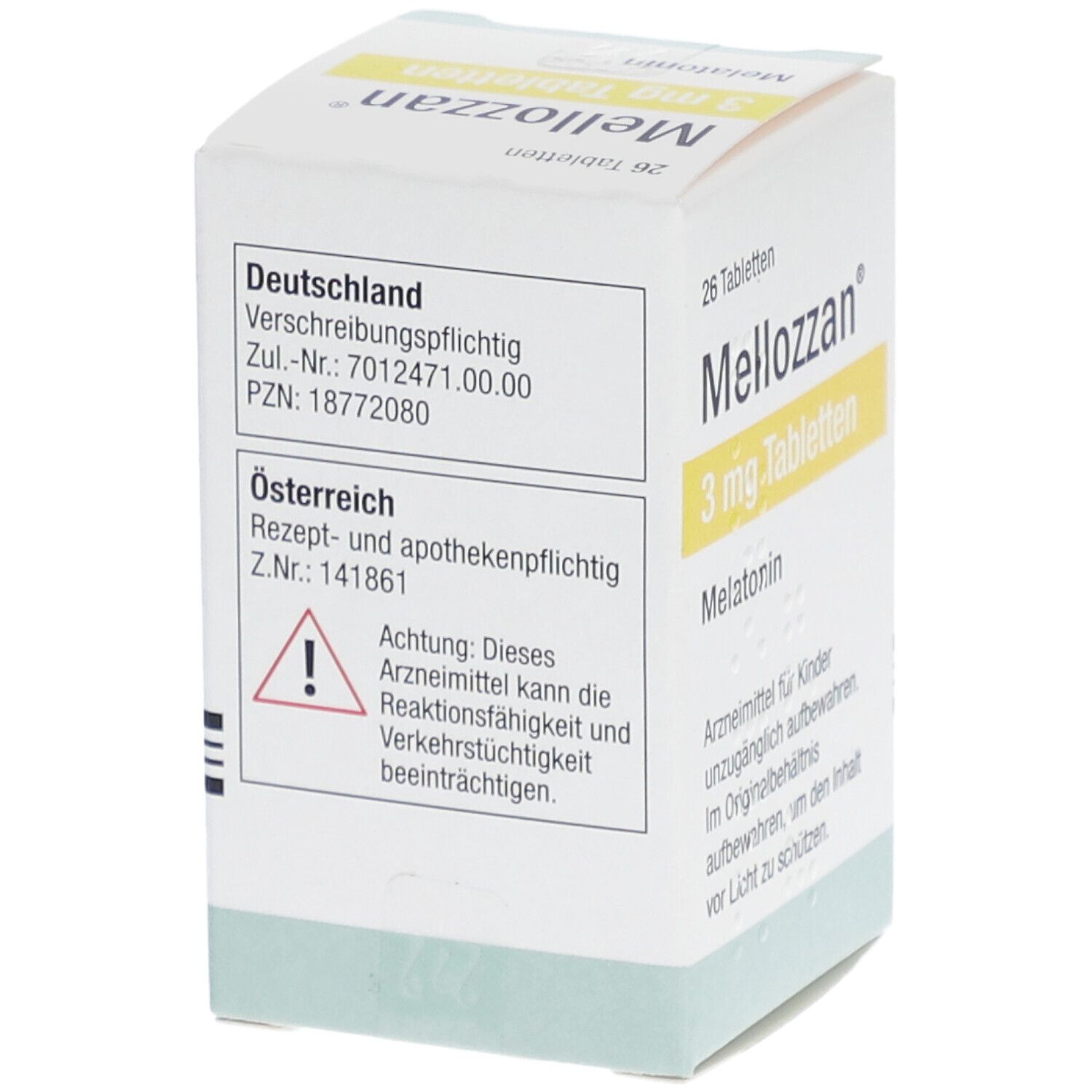 Rückseite der Schachtel "Mellozzan 3 mg Tabletten". Enthält Informationen zu Deutschland und Österreich. Warnhinweis: Beeinträchtigung der Verkehrstüchtigkeit.