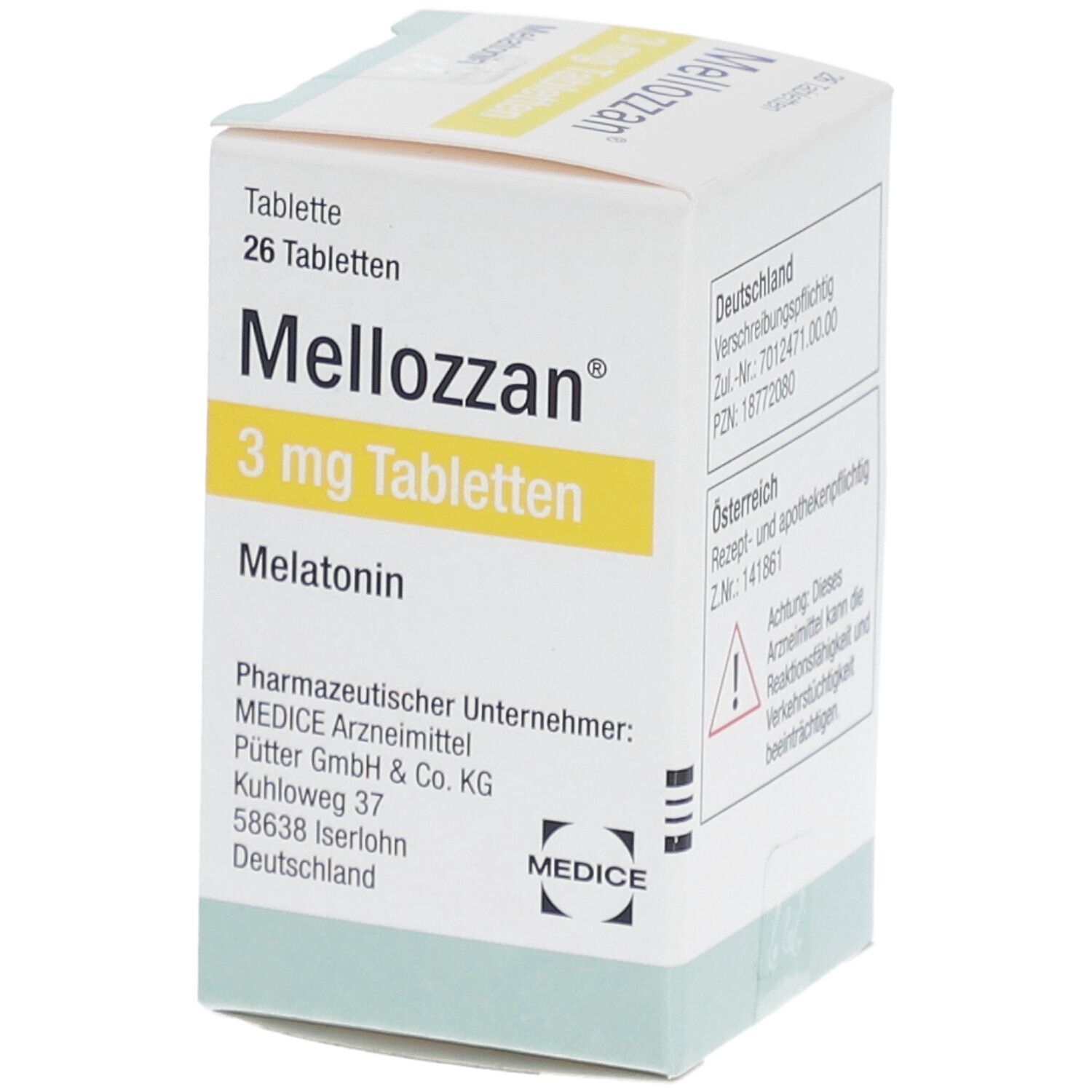 Schachtel "Mellozzan 3 mg Tabletten". Enthält 26 Tabletten. Aufdrucke: Melatonin, 3 mg. Hersteller: MEDICE Arzneimittel.