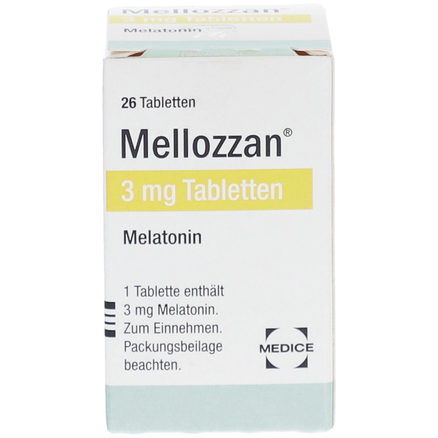 Schachtel "Mellozzan 3 mg Tabletten". Enthält 26 Tabletten. Aufdrucke: Melatonin, 3 mg. MEDICE Logo.