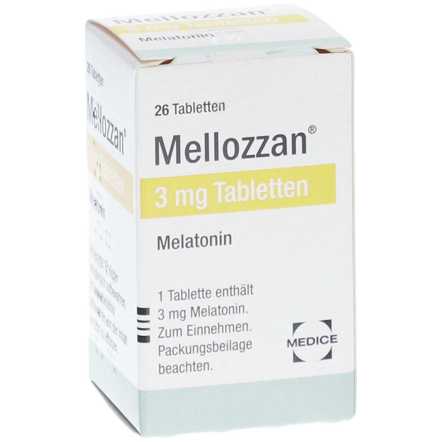 Schachtel "Mellozzan 3 mg Tabletten". Enthält 26 Tabletten. Aufdrucke: Melatonin, 3 mg. MEDICE Logo.