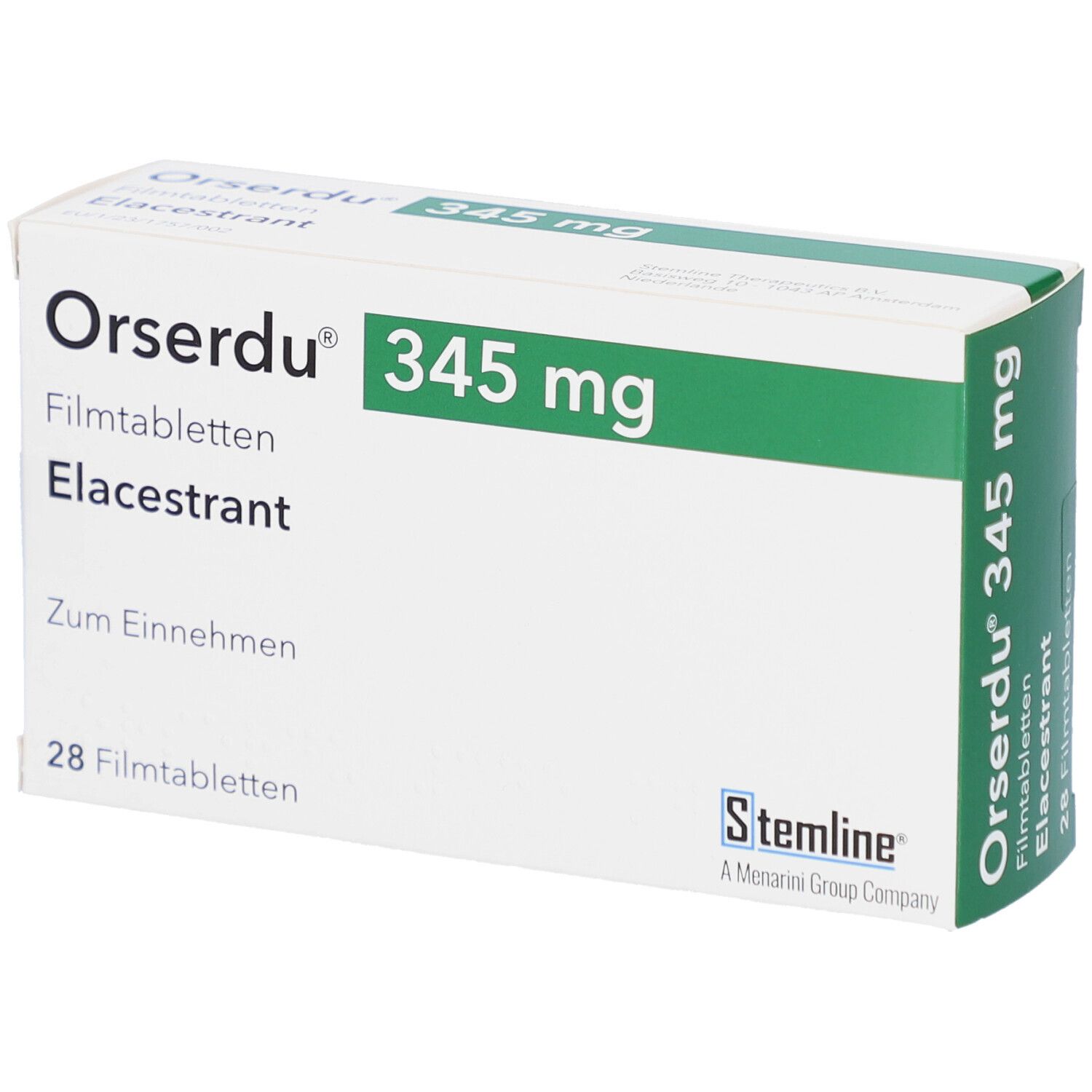Schachtel mit ORSERDU 345 mg Filmtabletten. Aufschrift: Elacestrant, 28 Filmtabletten. Logo Stemline.