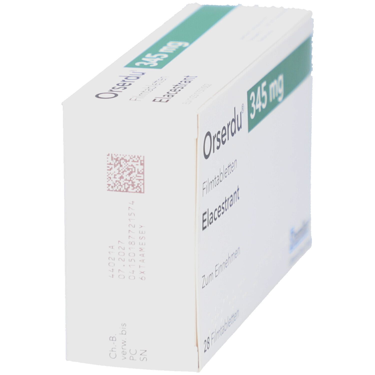 Schachtel ORSERDU 345 mg. Aufdruck: Elacestrant, 28 Filmtabletten. Barcode und Chargennummer.