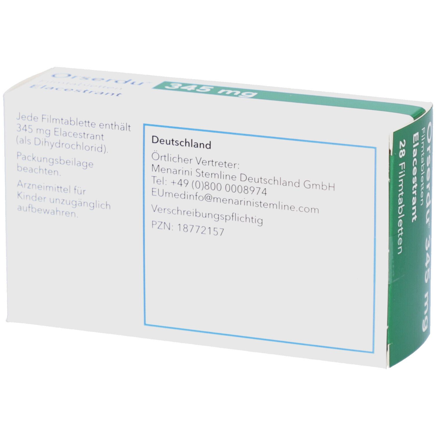 Rückseite der ORSERDU 345 mg Schachtel. Text: Deutschland, Herstellerinformationen, PZN 18772157.