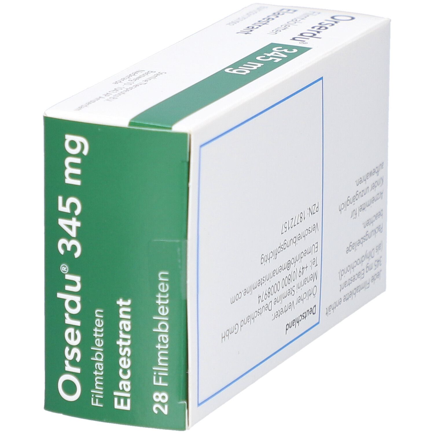 Schachtel ORSERDU 345 mg. Aufschrift: Elacestrant, 28 Filmtabletten. Text: Zum Einnehmen.