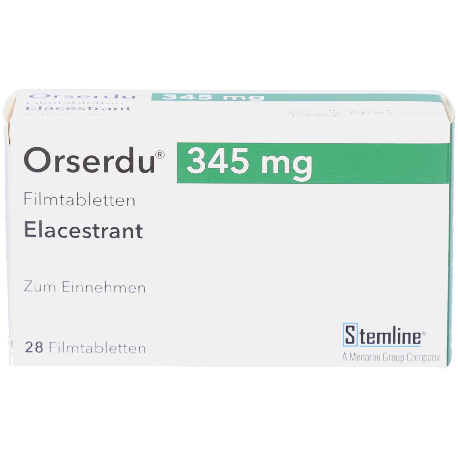 Schachtel mit ORSERDU 345 mg Filmtabletten. Aufschrift: Elacestrant, 28 Filmtabletten. Logo Stemline.