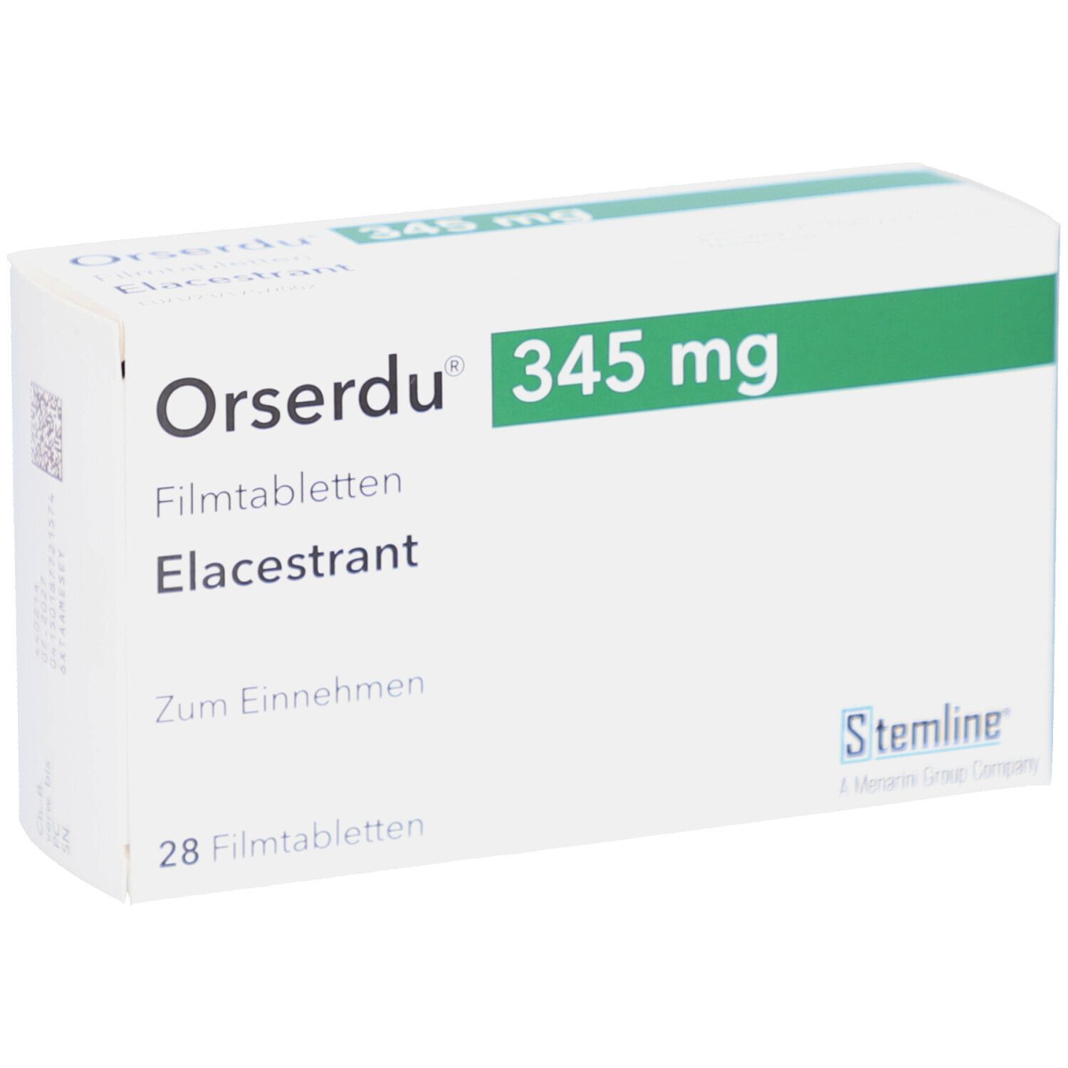 Schachtel mit ORSERDU 345 mg Filmtabletten. Aufschrift: Elacestrant, 28 Filmtabletten. Logo Stemline.