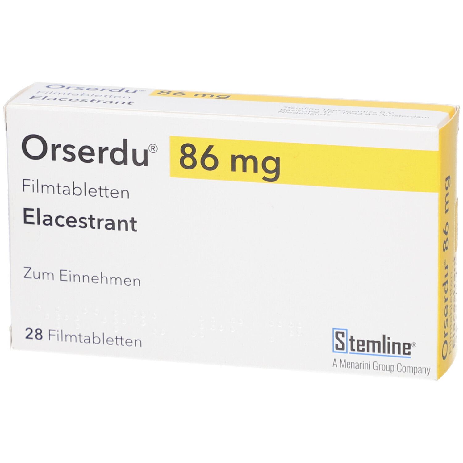 Schachtel mit ORSERDU 86 mg Filmtabletten. Aufschrift: Elacestrant, 28 Filmtabletten. Logo Stemline.