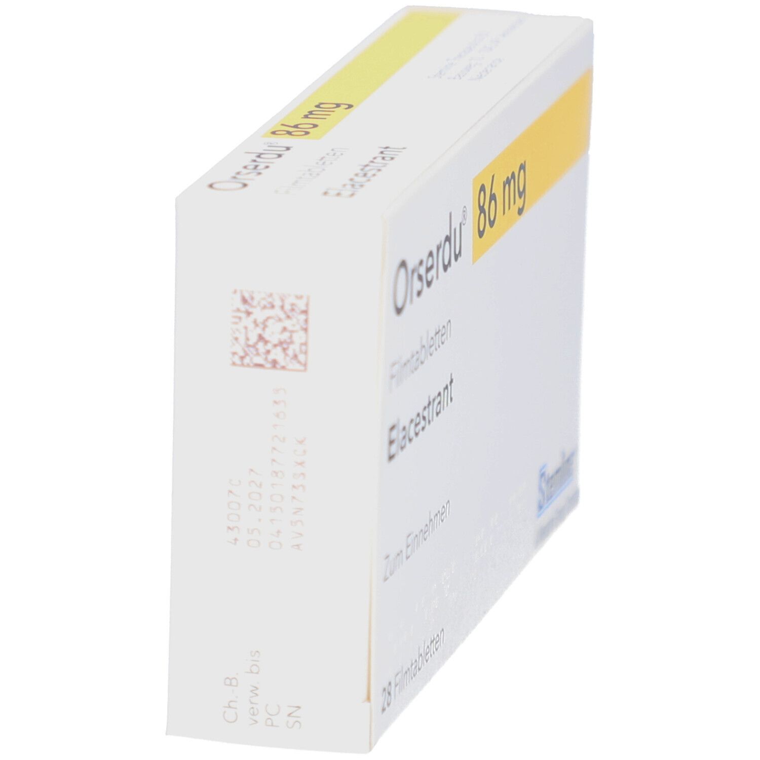 Schachtel ORSERDU 86 mg, Seitenansicht. Gelber Streifen mit Aufschrift. Barcode und Text auf der Seite.