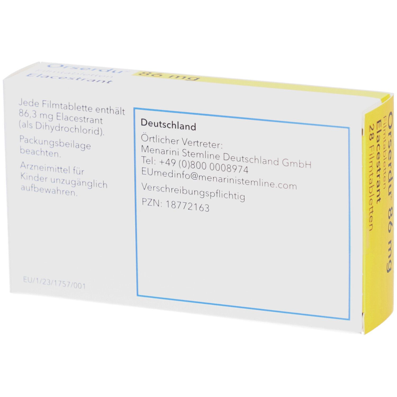 Rückseite der ORSERDU 86 mg Schachtel. Textinformationen, darunter Kontaktinformationen für Deutschland.