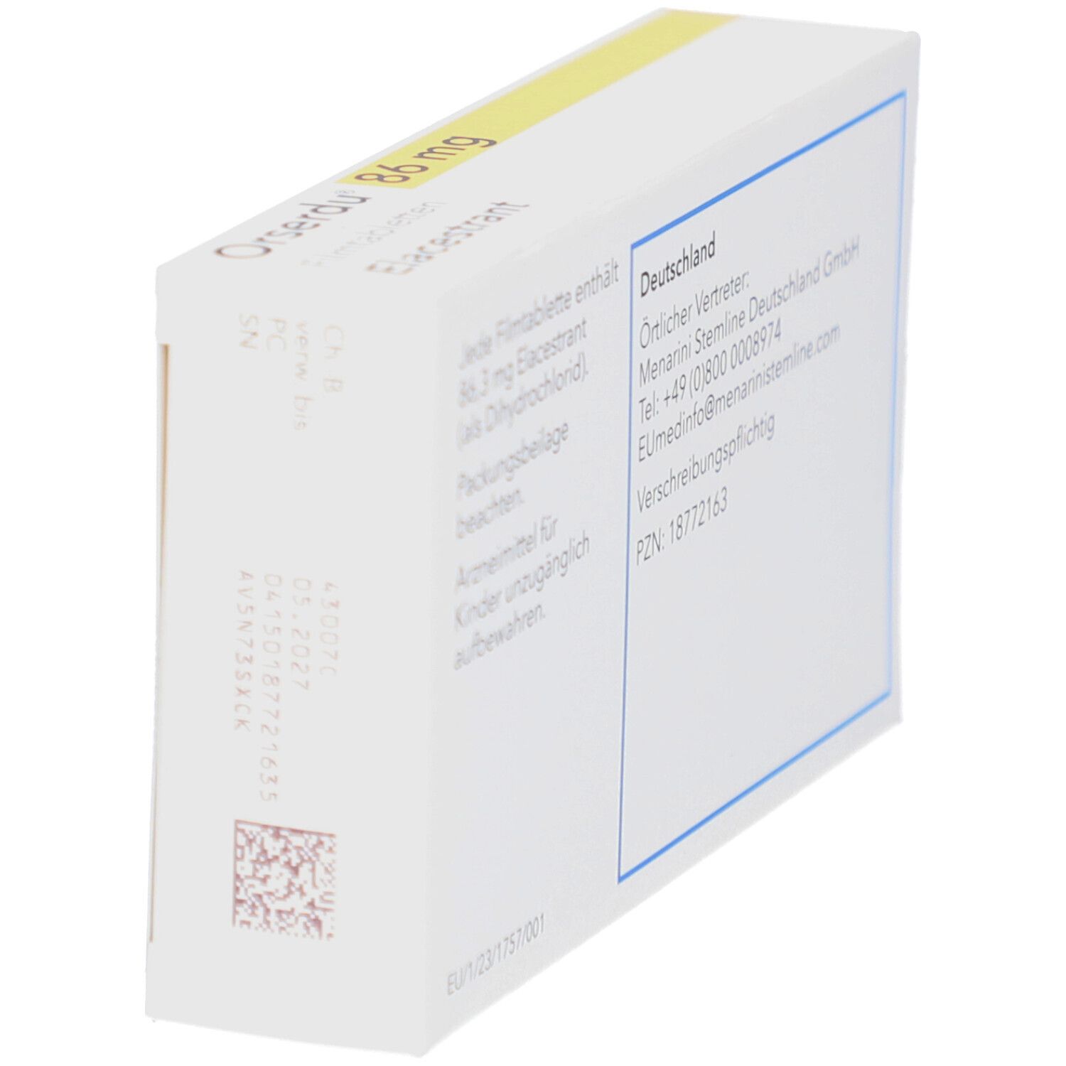 Seitenansicht der ORSERDU 86 mg Schachtel. Text und Barcode. Gelber Streifen mit Aufschrift.