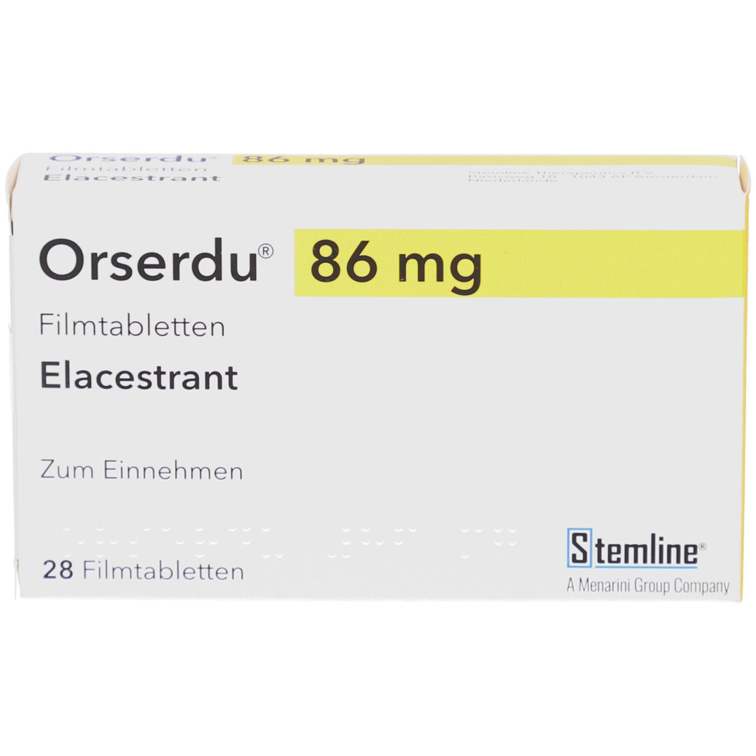 Schachtel mit ORSERDU 86 mg Filmtabletten. Aufschrift: Elacestrant, 28 Filmtabletten. Logo Stemline.