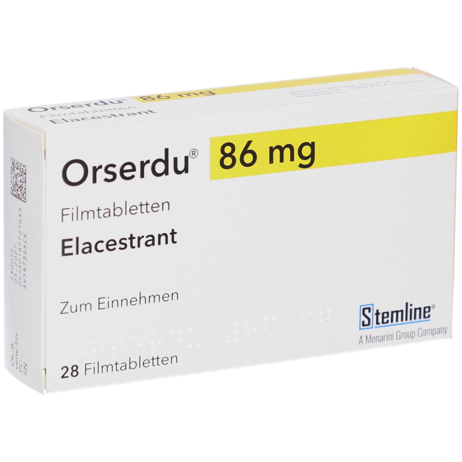 Schachtel mit ORSERDU 86 mg Filmtabletten. Aufschrift: Elacestrant, 28 Filmtabletten. Logo Stemline.