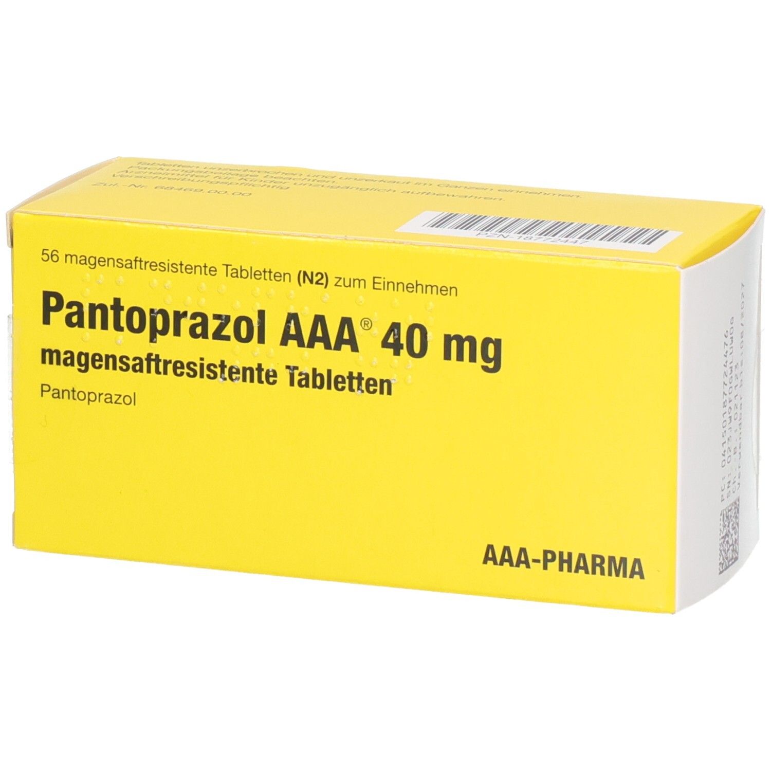 Gelbe Schachtel mit Aufschrift Pantoprazol AAA 40 mg magensaftresistente Tabletten. AAA-PHARMA Logo.