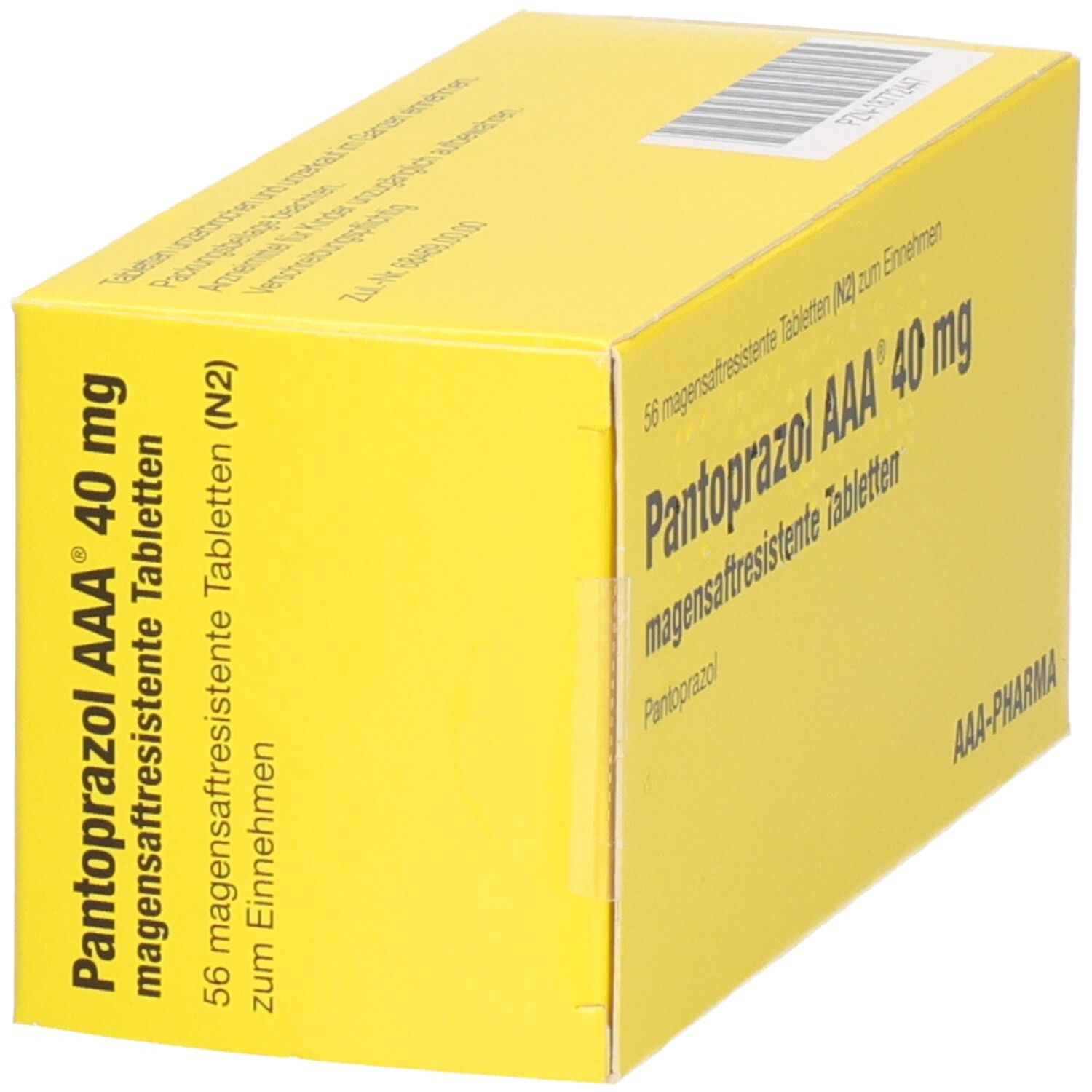 Gelbe Schachtel mit Aufschrift Pantoprazol AAA 40 mg magensaftresistente Tabletten. AAA-PHARMA Logo.