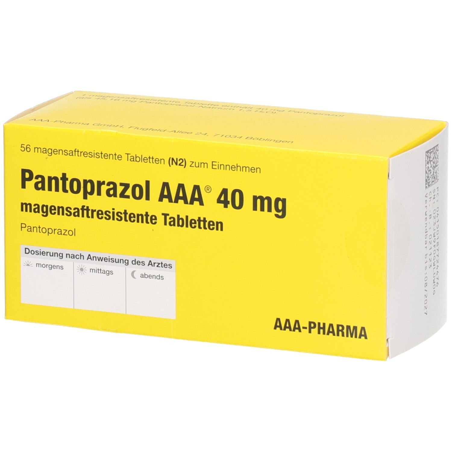 Gelbe Schachtel mit Aufschrift Pantoprazol AAA 40 mg magensaftresistente Tabletten. AAA-PHARMA Logo.
