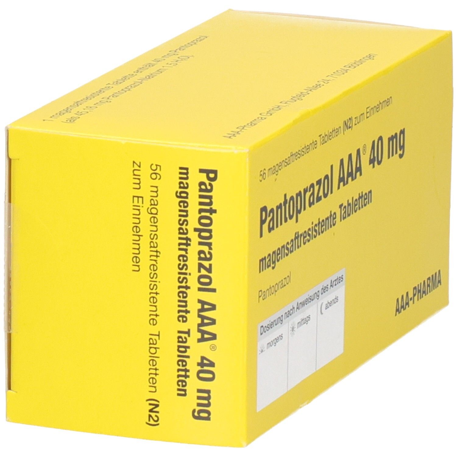 Gelbe Schachtel mit Aufschrift Pantoprazol AAA 40 mg magensaftresistente Tabletten. AAA-PHARMA Logo.