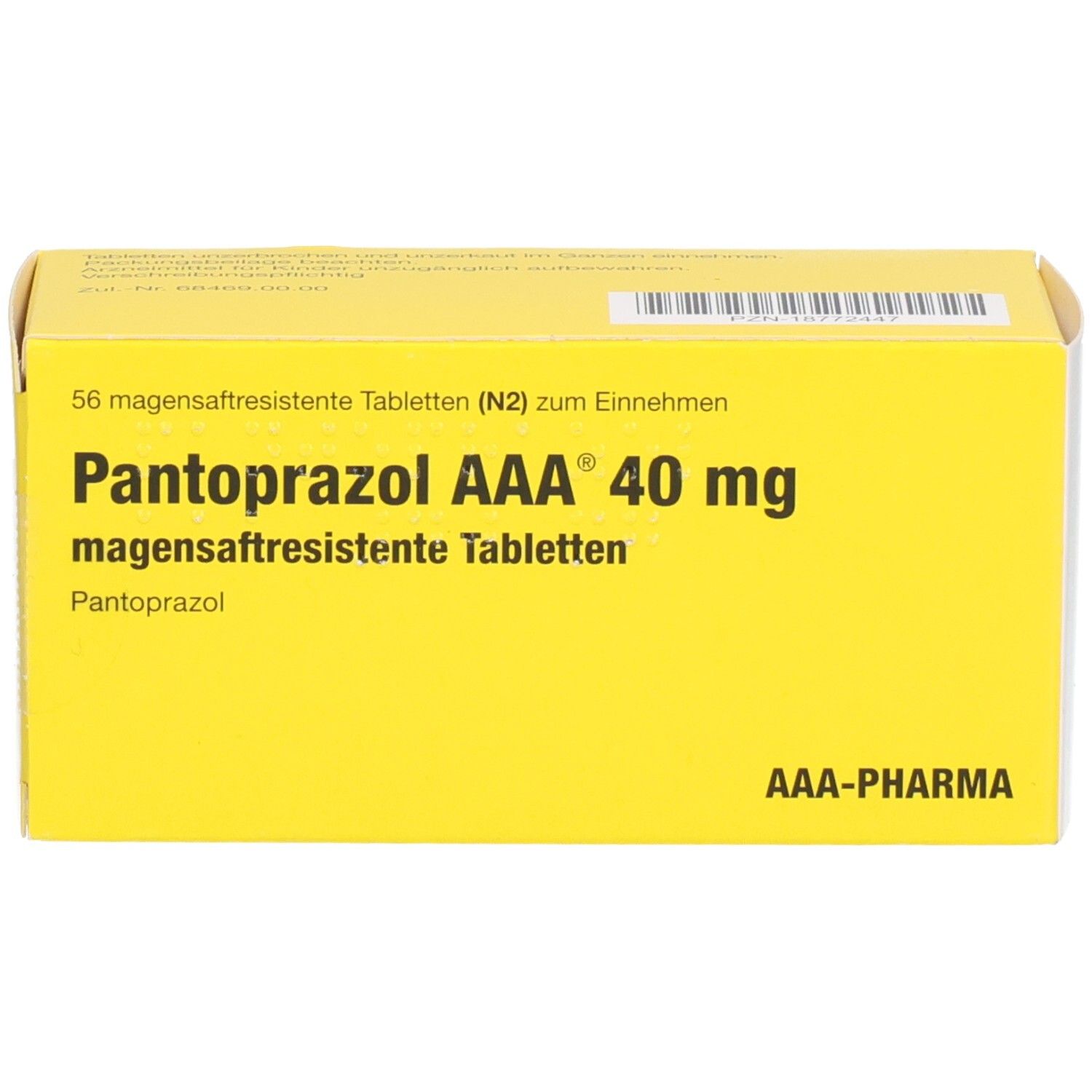 Gelbe Schachtel mit Aufschrift Pantoprazol AAA 40 mg magensaftresistente Tabletten. AAA-PHARMA Logo.