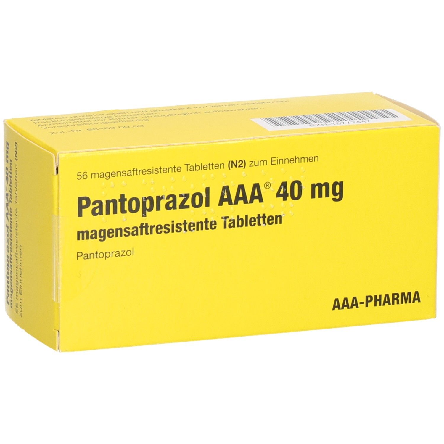 Gelbe Schachtel mit Aufschrift Pantoprazol AAA 40 mg magensaftresistente Tabletten. AAA-PHARMA Logo.