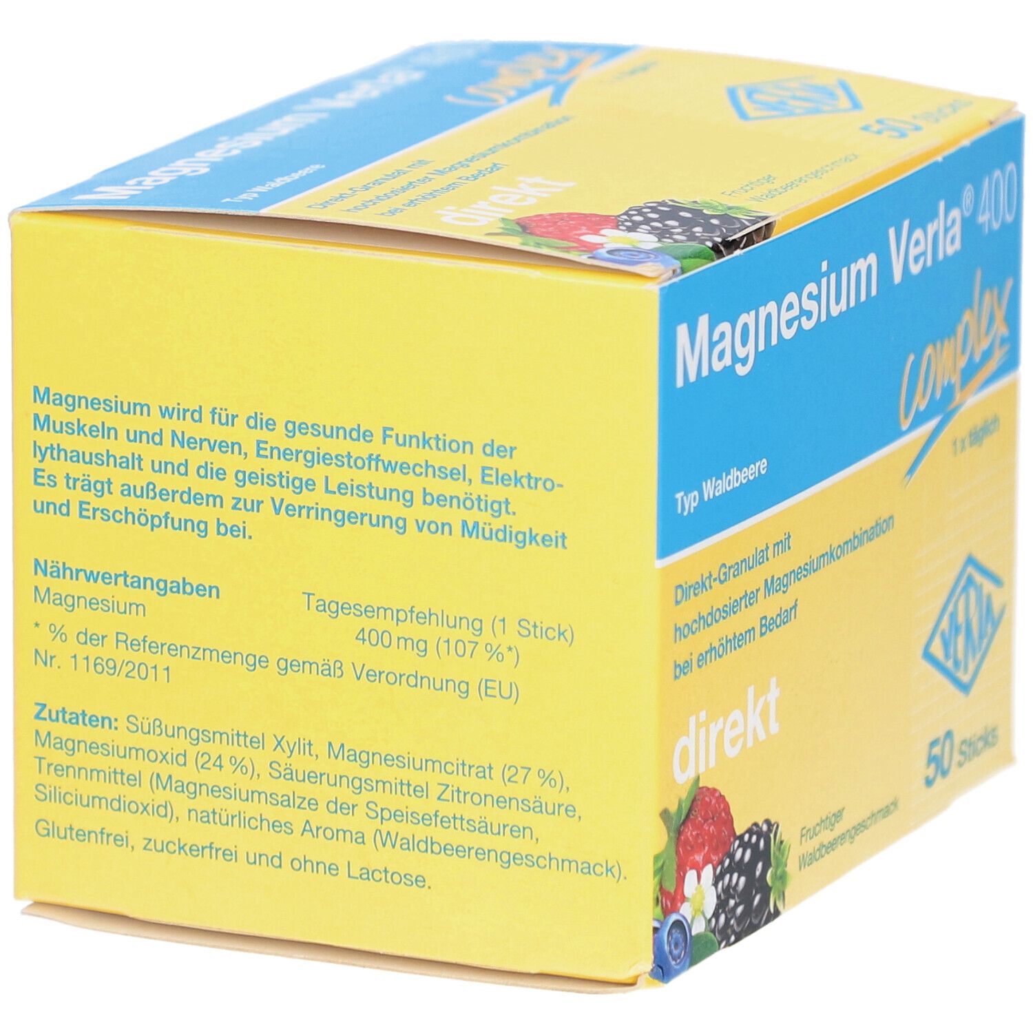 Gelbe Schachtel mit "Magnesium Verla 400 complex". Enthält Informationen zu Inhaltsstoffen und Nährwerten.