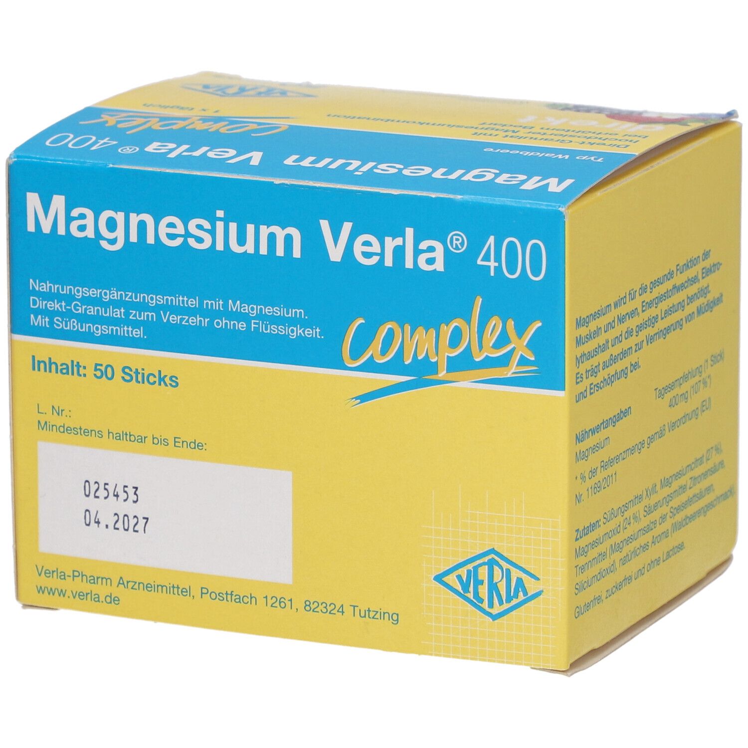 Gelbe Schachtel mit "Magnesium Verla 400 complex". Mindesthaltbarkeitsdatum 04.2027. 50 Sticks.