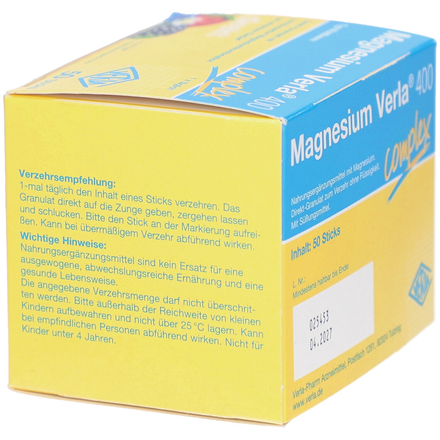 Gelbe Schachtel mit "Magnesium Verla 400 complex". Enthält Verzehrempfehlung und wichtige Hinweise.